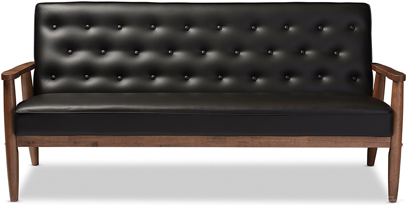The appearance of Baxton Studio Sorrento Mid-Century Retro Modern Black Faux Leather Upholstered Wooden 3-Seater Sofa designed by Baxton Studio in the transitional interior design. This black piece of furniture was selected by 1StopBedrooms from Sorrento Collection to add a touch of cosiness and style into your home. Sku: BBT8013-Black Sofa. Material: Faux Leather.