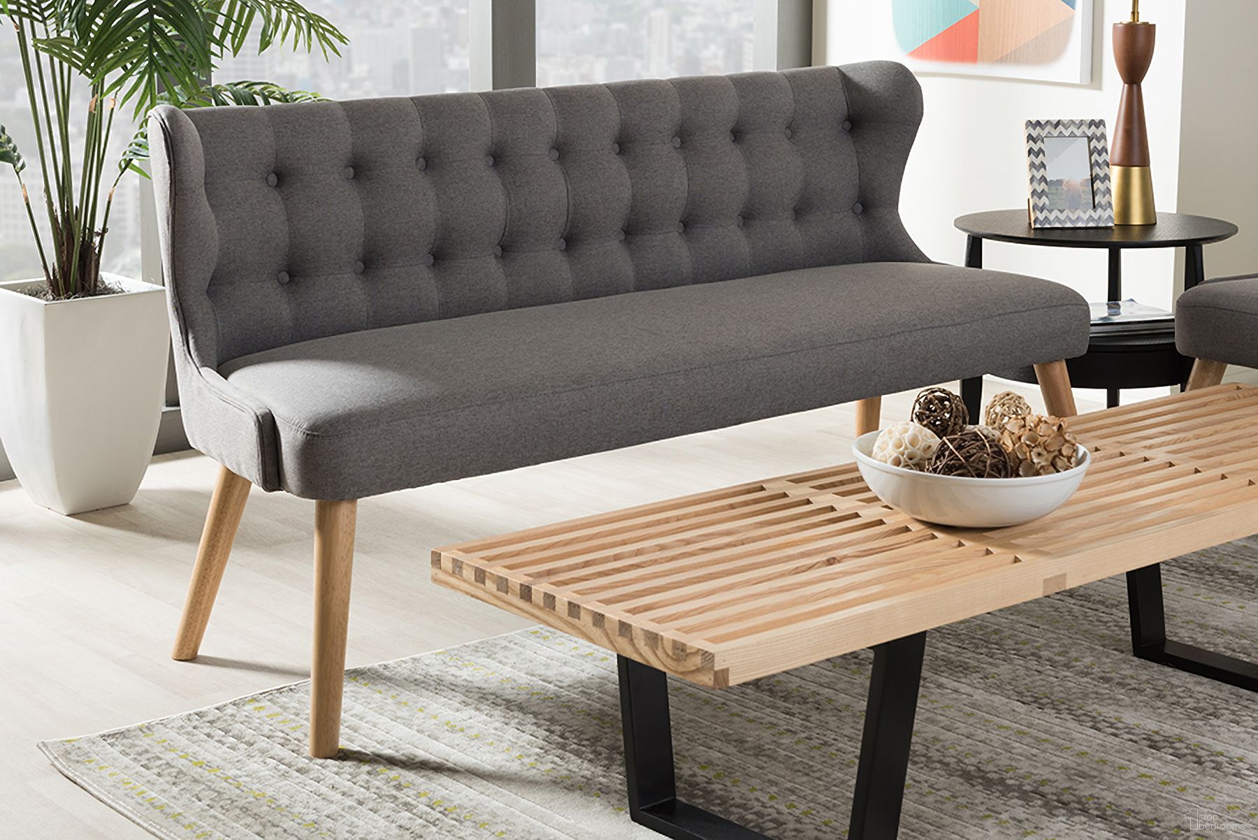 The appearance of Baxton Studio Melody Mid-Century Modern Grey Fabric And Natural Wood Finishing 3-Seater Settee Bench designed by Baxton Studio in the transitional interior design. This grey piece of furniture was selected by 1StopBedrooms from Melody Collection to add a touch of cosiness and style into your home. Sku: BBT8026-SF-Grey-XD45. Material: Polyester.