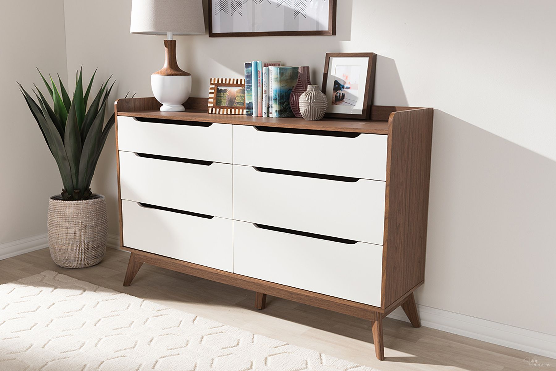 Baxton Studio Brighton Mid-Century Modern White And Walnut Wood 6-Drawer Storage Dresser