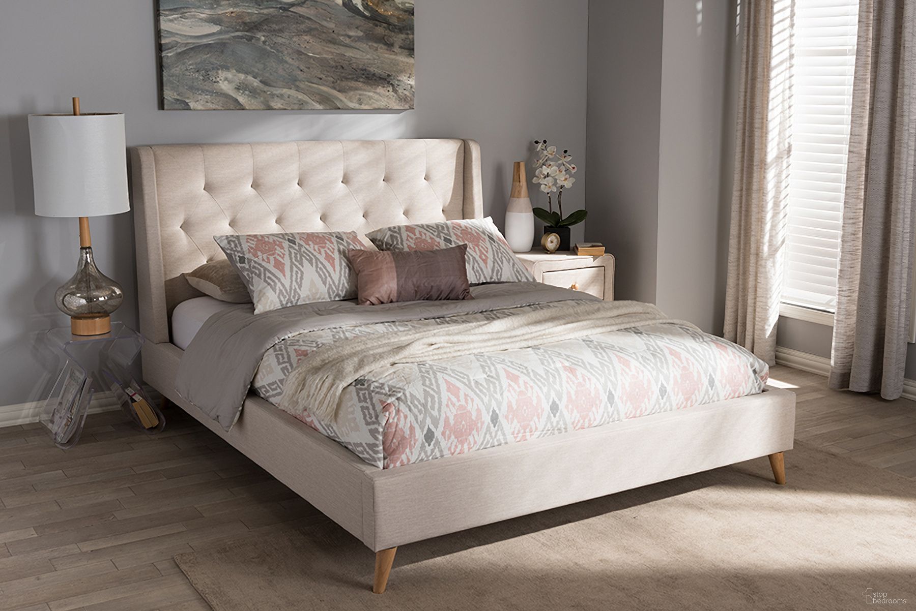 The appearance of Baxton Studio Adelaide Retro Modern Light Beige Fabric Upholstered King Size Platform Bed designed by Baxton Studio in the modern / contemporary interior design. This light beige piece of furniture  was selected by 1StopBedrooms from Adelaide Collection to add a touch of cosiness and style into your home. Sku: CF8862-Light Beige-King. Bed Type: Platform Bed. Material: Polyester. Bed Size: King.