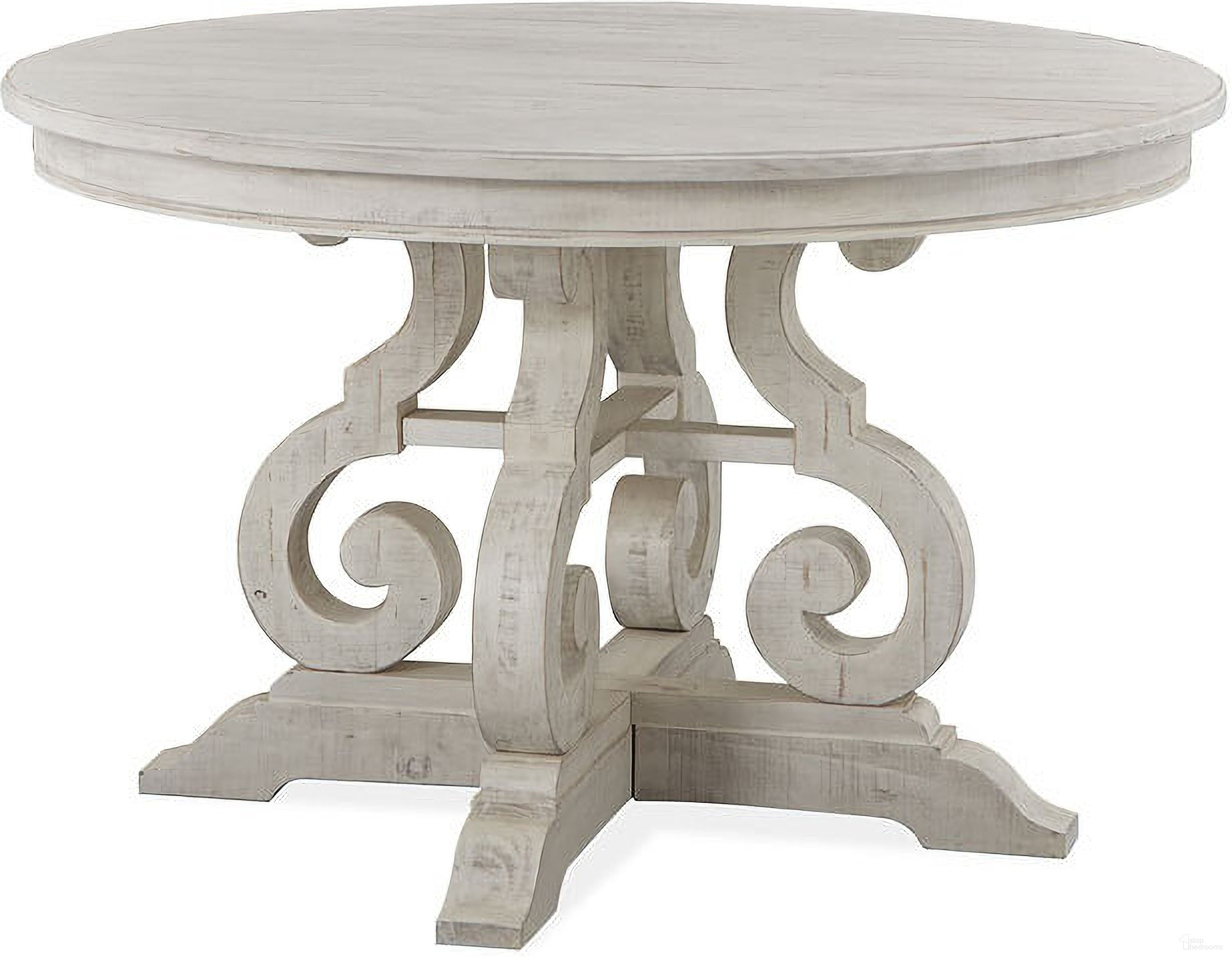 The appearance of Bronwyn Chalk White 48" Round Dining Table designed by Magnussen in the country / farmhouse interior design. This white piece of furniture was selected by 1StopBedrooms from Bronwyn Collection to add a touch of cosiness and style into your home. Sku: D4436-22T;D4436-22B. Table Base Style: Pedestal. Table Top Shape: Round. Material: Pine. Size: 48".