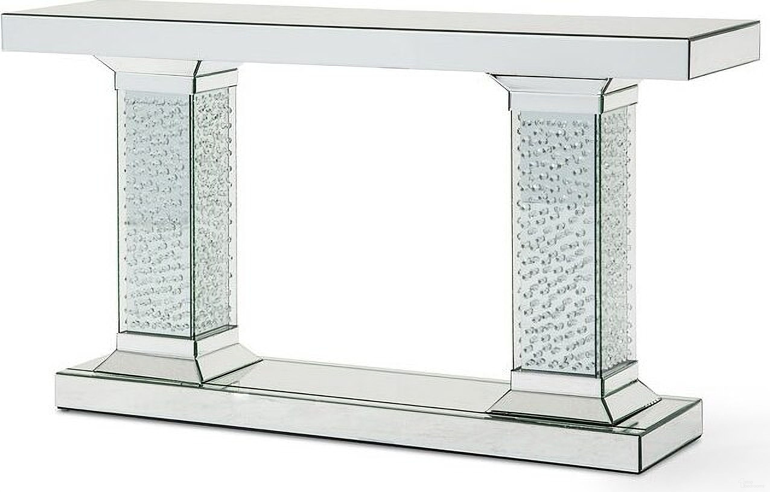 The appearance of Montreal Mirrored Console Table w/ Crystals designed by Michael Amini in the modern / contemporary interior design. This white piece of furniture  was selected by 1StopBedrooms from Montreal Collection to add a touch of cosiness and style into your home. Sku: FS-MNTRL225BH;FS-MNTRL225CH;FS-MNTRL225TH. Material: MDF.
