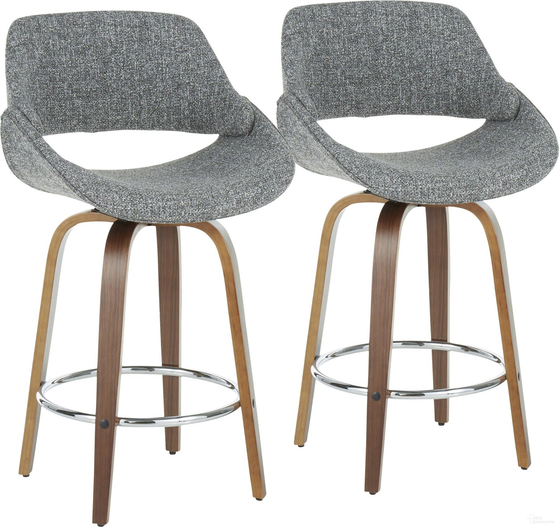 The appearance of Fabrico Modern Counter Stool in Walnut and Grey Fabric - Set of 2 designed by Lumisource in the transitional interior design. This walnut and grey piece of furniture was selected by 1StopBedrooms from Fabrizzi Collection to add a touch of cosiness and style into your home. Sku: B26-FBCO2R WLGY2. Material: Polyester.