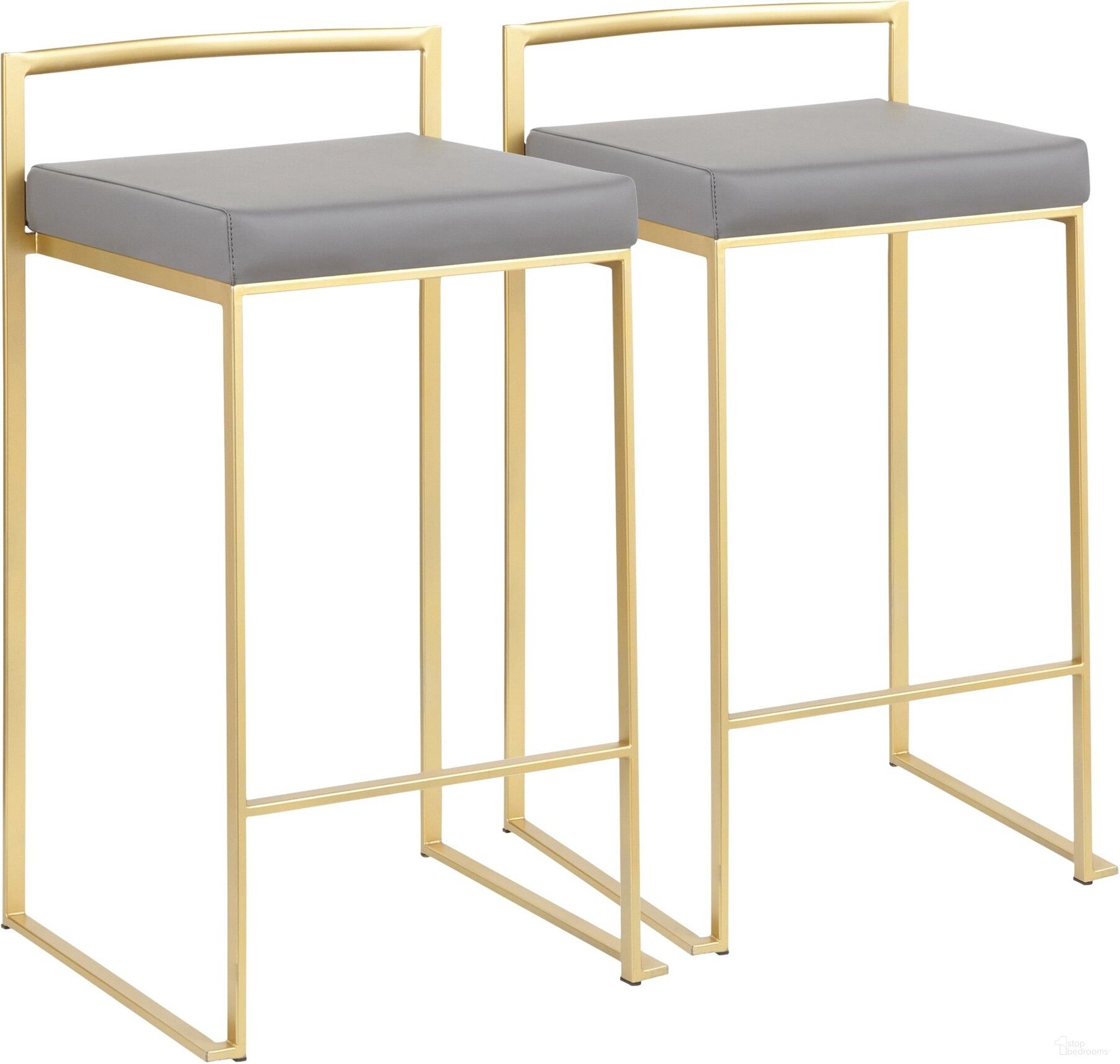 The appearance of Fuji Counter Stool in Gold with Grey Faux Leather - Set of 2 designed by Lumisource in the modern / contemporary interior design. This gold piece of furniture was selected by 1StopBedrooms from Fuji Collection to add a touch of cosiness and style into your home. Sku: B26-FUJI AUGY2. Material: Leather.