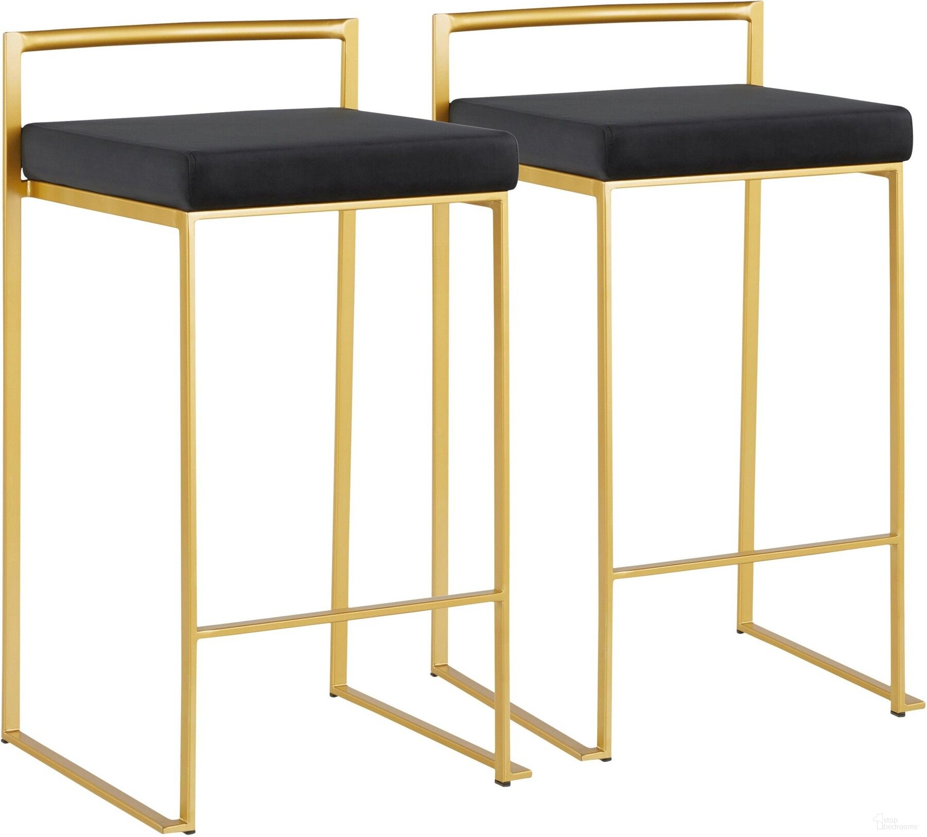 The appearance of Fuji Counter Stool in Gold with Black Velvet Cushion - Set of 2 designed by Lumisource in the modern / contemporary interior design. This gold and black piece of furniture was selected by 1StopBedrooms from Fuji Collection to add a touch of cosiness and style into your home. Sku: B26-FUJI AUVBK2. Material: Velvet.