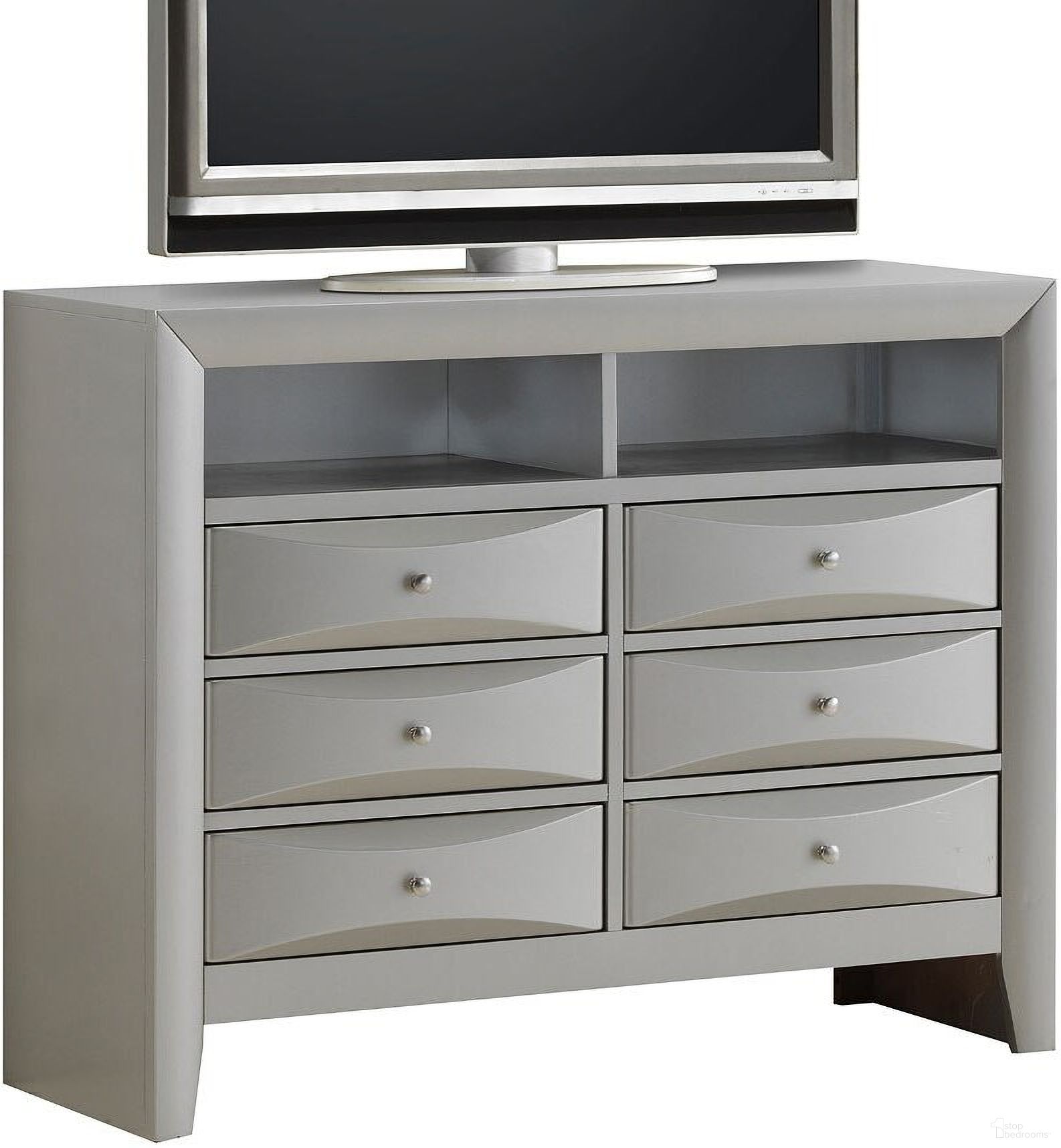 The appearance of G1503 Media Chest designed by Glory in the transitional interior design. This silver gray piece of furniture  was selected by 1StopBedrooms from G15 Collection to add a touch of cosiness and style into your home. Sku: G1503-TV2-Media Chest. Material: Wood.
