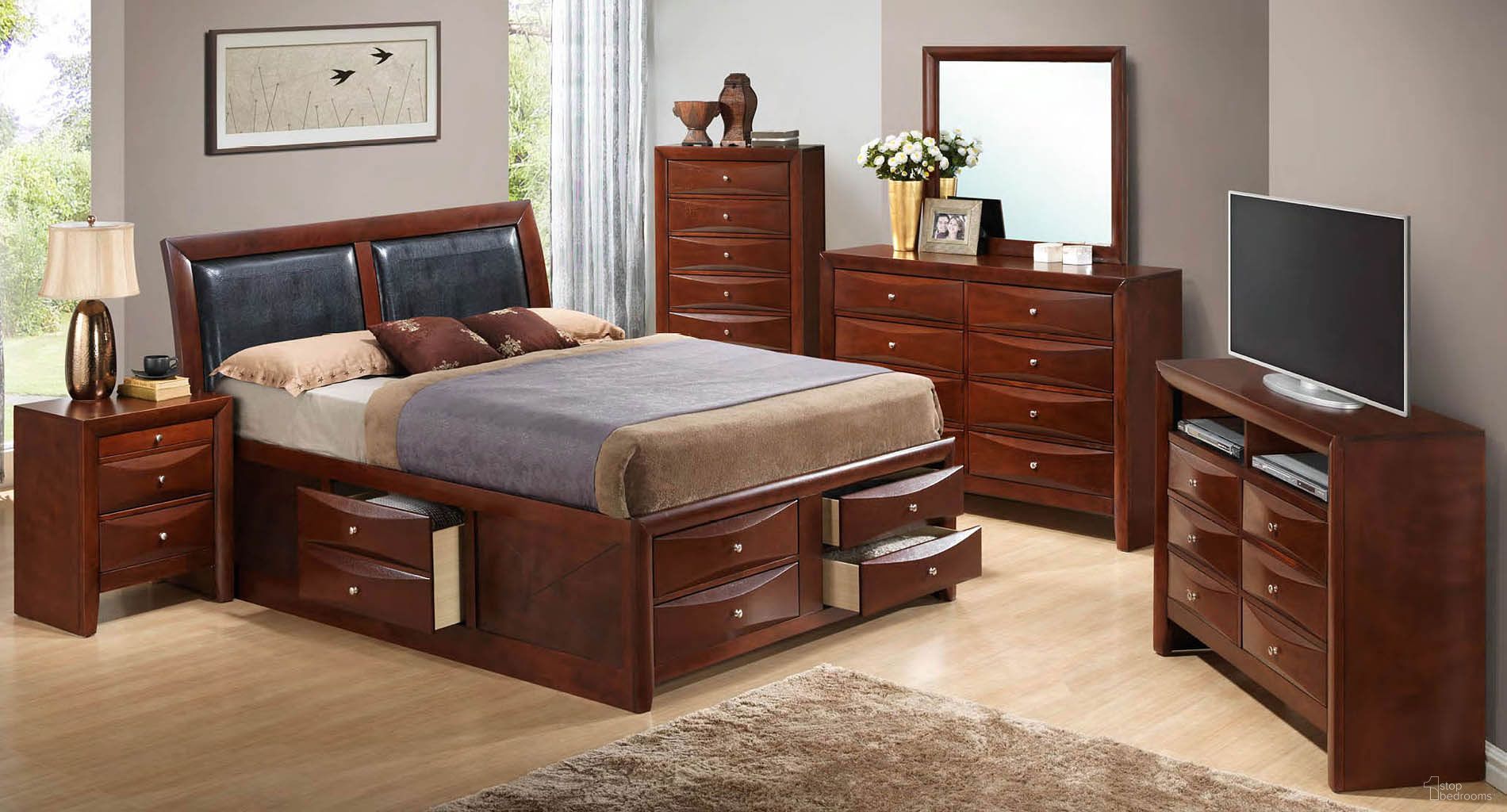The appearance of G1550I Storage Bedroom Set designed by Glory in the transitional interior design. This cherry piece of furniture was selected by 1StopBedrooms from G1550 Collection to add a touch of cosiness and style into your home. Sku: G1550I-QSB4-Queen STGE Bed HDBD;G1550I-QSB4-Queen STGE Bed FTBD;G1550I-QSB4-Queen STGE Bed Rails;G1550I-QSB4-Queen STGE Bed Drawers for Rails;G1550I-QSB4-Queen STGE Bed Drawers for FTBD;G1550I-QSB4-Queen STGE Bed Drawers for FTBD;G1550-N-Nightstand. Bed Type: Storage Bed. Material: Wood. Bed Size: Queen.