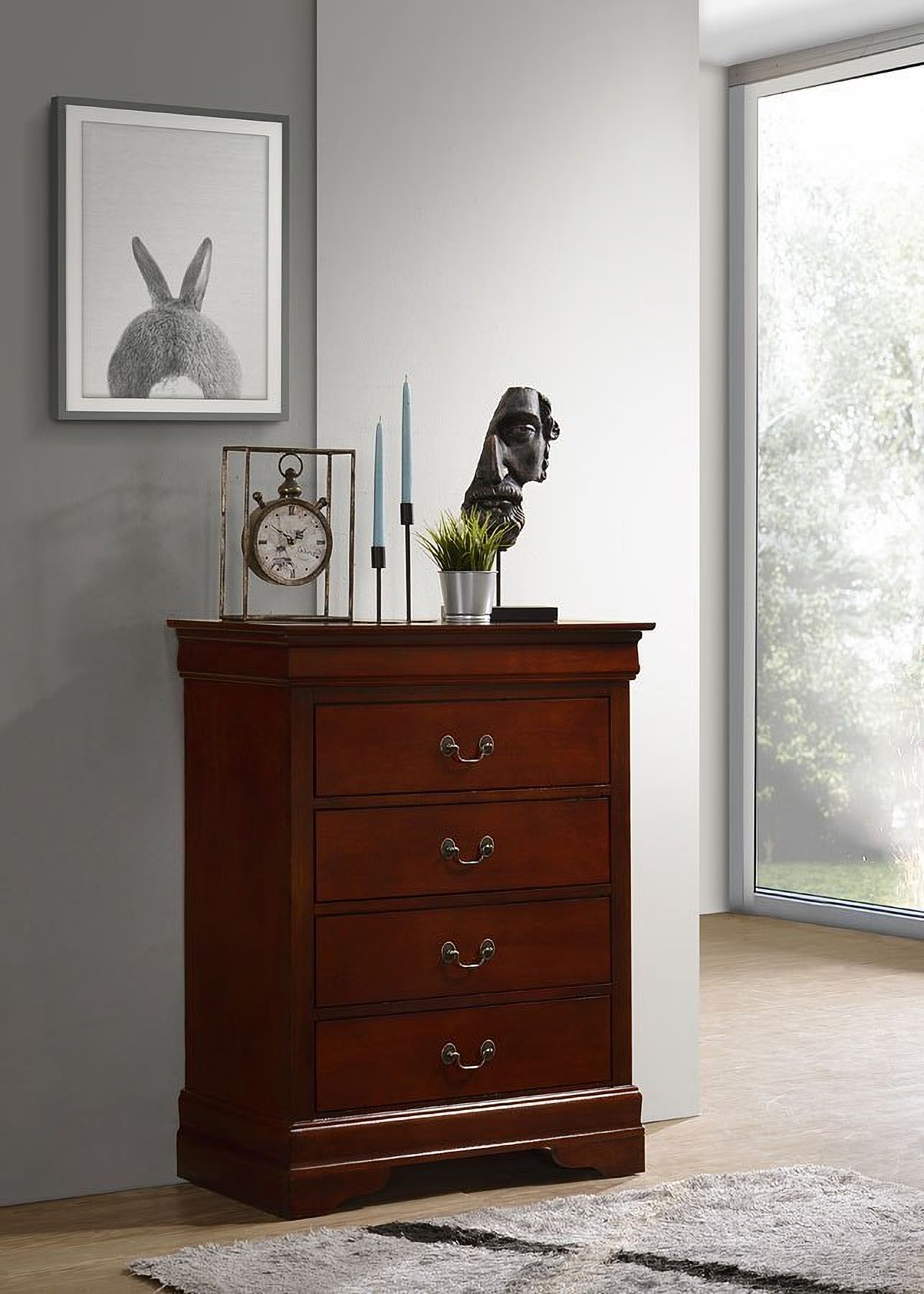 The appearance of Louis Phillipe 4 Drawer Chest (Cherry) designed by Glory in the traditional interior design. This cherry piece of furniture was selected by 1StopBedrooms from Louis Philippe Collection to add a touch of cosiness and style into your home. Sku: G3100-BC-4 Drawer Chest. Material: Wood.