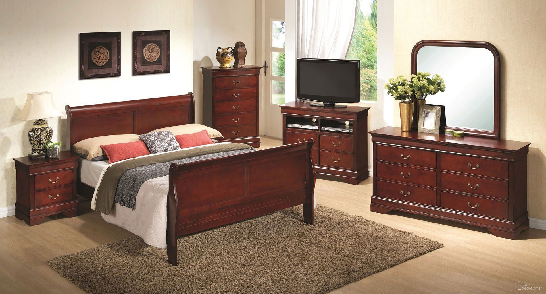 The appearance of G3100 Sleigh Bedroom Set designed by Glory in the traditional interior design. This cherry piece of furniture was selected by 1StopBedrooms from G3100 Collection to add a touch of cosiness and style into your home. Sku: G3100A-QB-Queen Bed Headboard & Footboard;G3100A-QB-Queen Bed Rails;G3100-N-Nightstand. Bed Type: Sleigh Bed. Material: Wood. Bed Size: Queen.