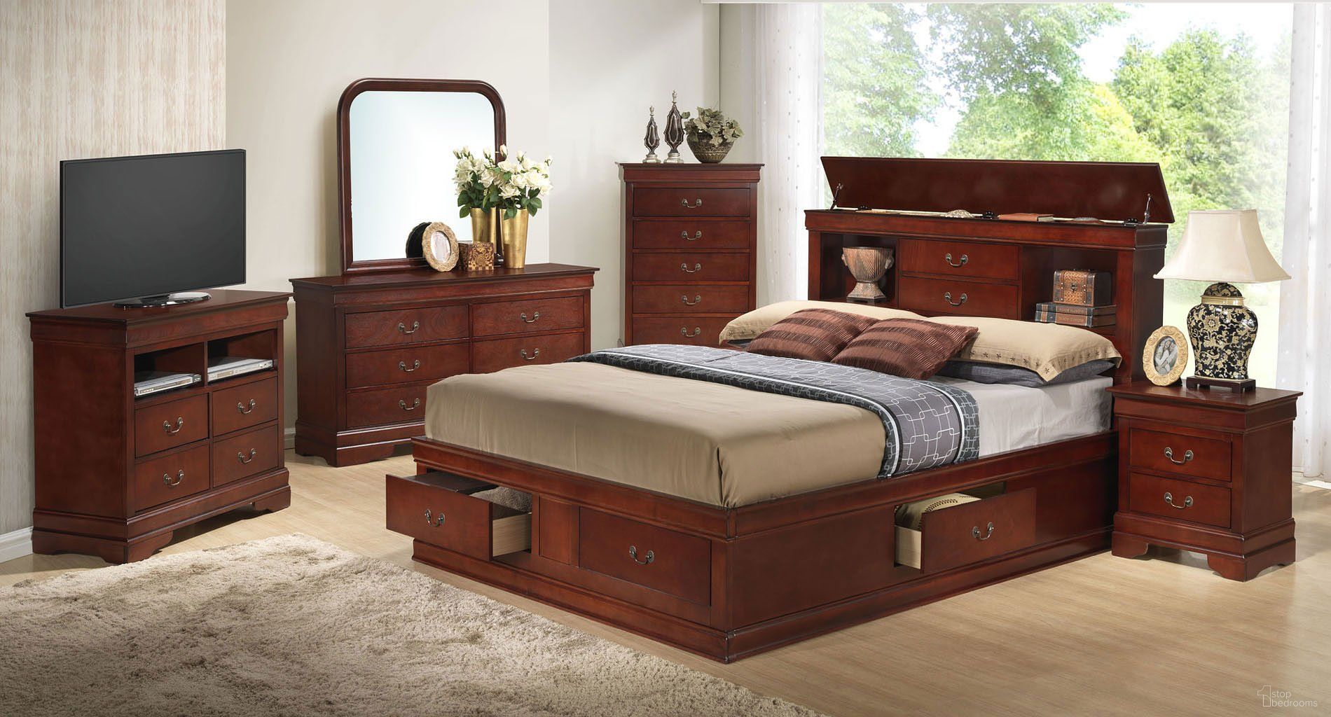The appearance of G3100 Bookcase Storage Bedroom Set designed by Glory in the traditional interior design. This cherry piece of furniture  was selected by 1StopBedrooms from G3100 Collection to add a touch of cosiness and style into your home. Sku: G3100B-QSB-Queen Storage Bed  Headboard;G3100B-QSB-Queen Storage Bed  Footboard;G3100B-QSB-Queen Storage Bed  Rails;G3100B-QSB-Queen Storage Bed  Drawers for Rails;G3100B-QSB-Queen Storage Bed  Drawers for Footboard;G3100-N-Nightstand. Bed Type: Storage Bed. Material: Wood. Bed Size: Queen.