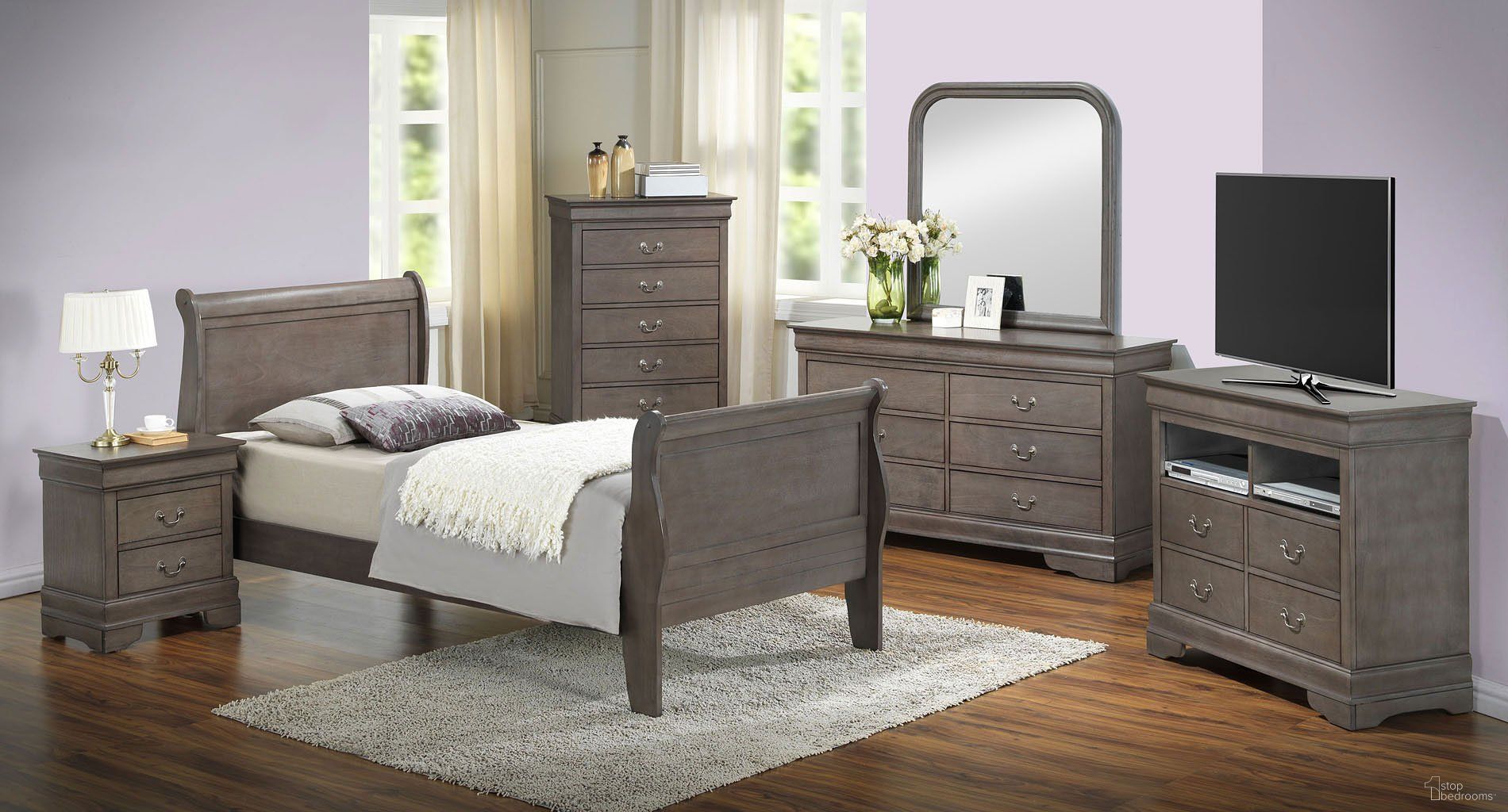 The appearance of G3105 Youth Sleigh Bedroom Set designed by Glory in the traditional interior design. This grey piece of furniture was selected by 1StopBedrooms from G3105 Collection to add a touch of cosiness and style into your home. Sku: G3105A-TB-Twin Bed Headboard & Footboard;G3105A-TB-Twin Bed Rails;G3105-N-Nightstand. Bed Type: Sleigh Bed. Material: Wood. Bed Size: Twin.