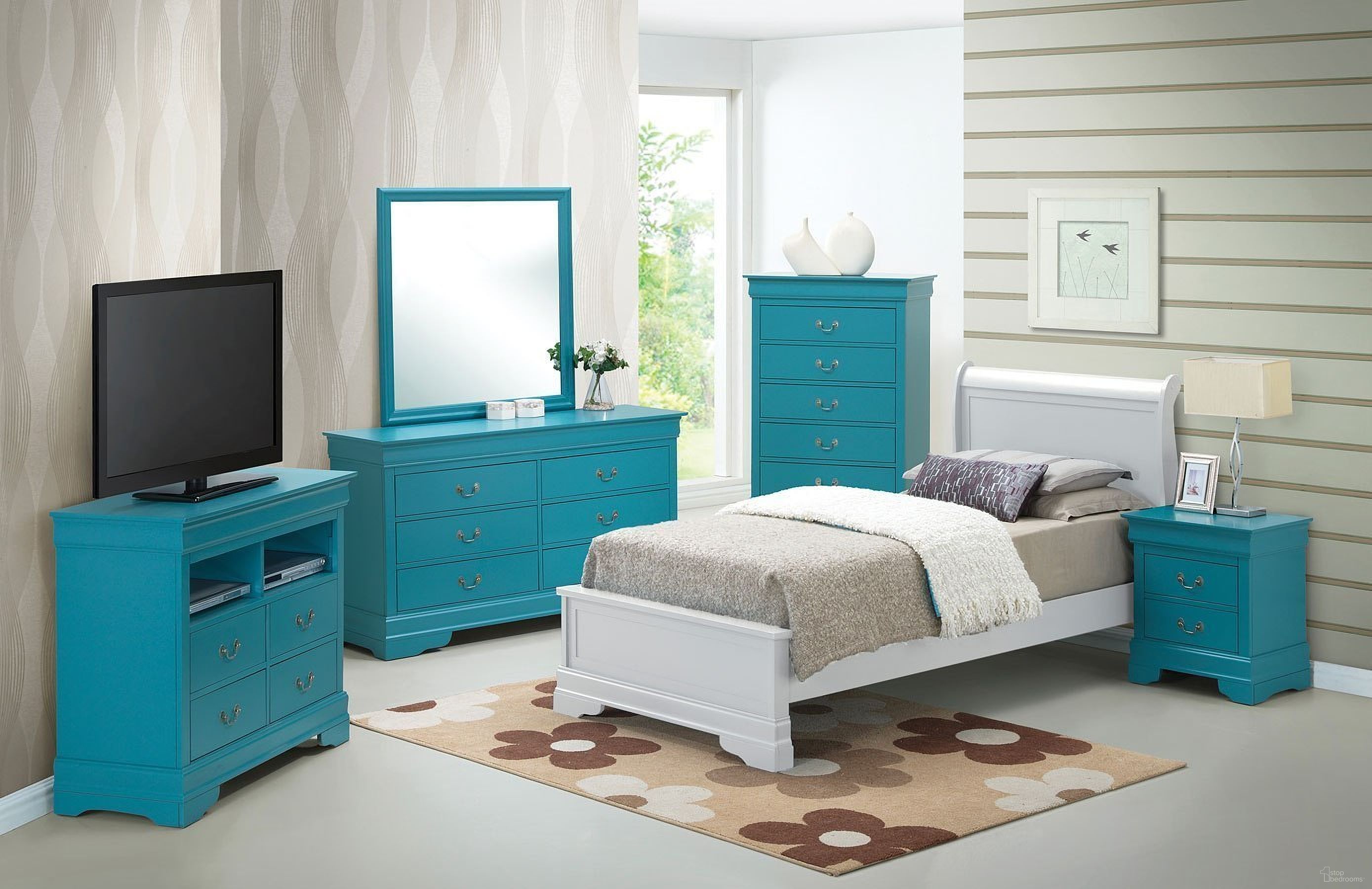 The appearance of G3180 Youth Bedroom Set w/ White Sleigh Bed designed by Glory in the traditional interior design. This teal piece of furniture was selected by 1StopBedrooms from G3180 Collection to add a touch of cosiness and style into your home. Sku: G3190E-TB3-Twin Bed Headboard;G3190E-TB3-Twin Bed Footboard;G3190E-TB3-Twin Bed Rails;G3180-3N-3 Drawer Nightstand. Bed Type: Sleigh Bed. Material: Wood. Bed Size: Twin.