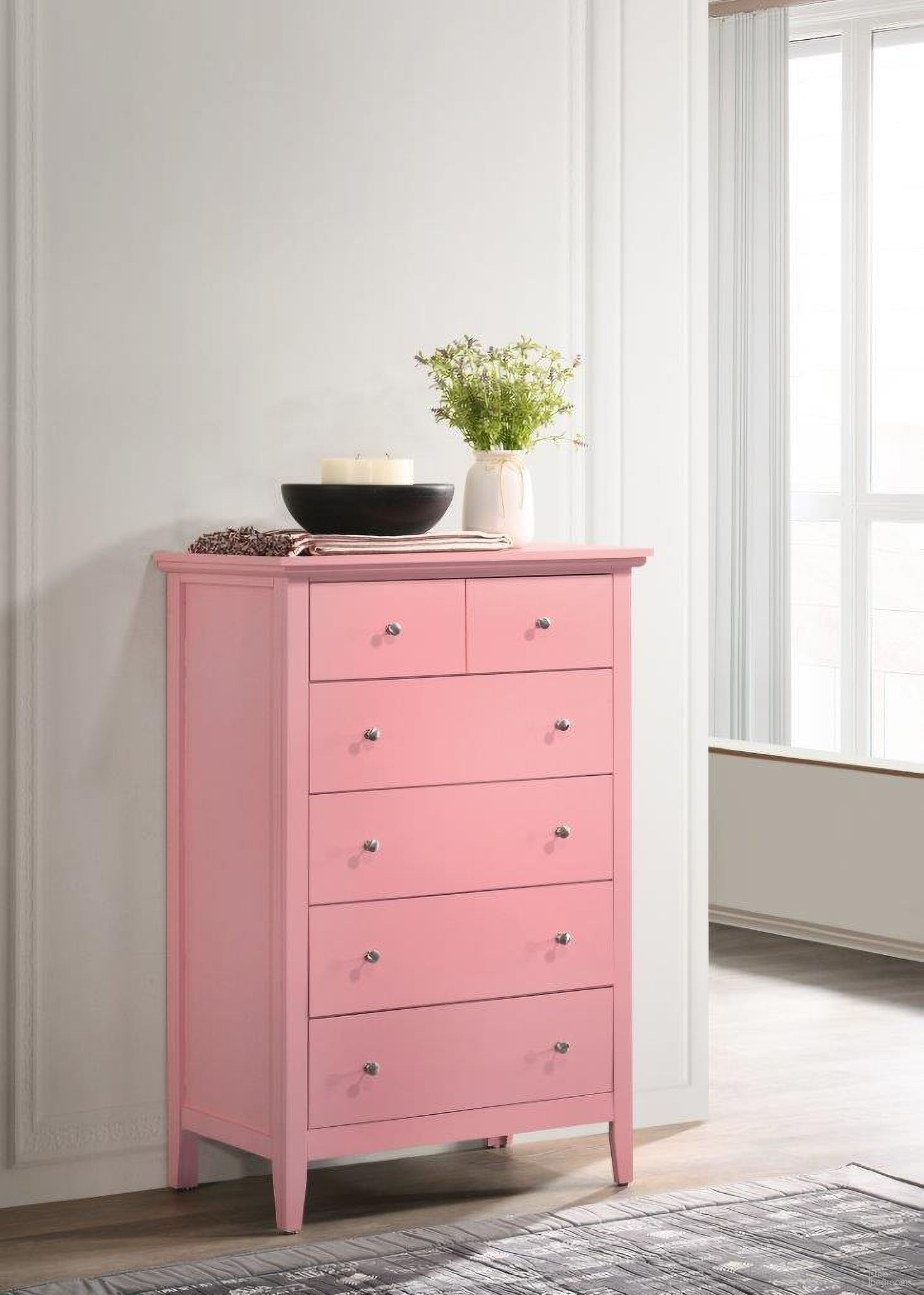 The appearance of Glory Furniture Hammond Chest, Pink designed by Glory in the modern / contemporary interior design. This pink piece of furniture was selected by 1StopBedrooms from Hammond Collection to add a touch of cosiness and style into your home. Sku: G5404-CH-5 Drawer Chest. Material: Wood.