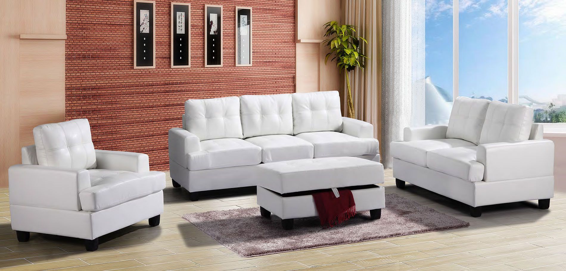 The appearance of G587 Living Room Set (White) designed by Glory in the transitional interior design. This white piece of furniture  was selected by 1StopBedrooms from G587 Collection to add a touch of cosiness and style into your home. Sku: G587A-S-BASE, SEAT CUSHION, BACK, ARM, BACK PILLOW;G587A-S-BASE, SEAT CUSHION, BACK, ARM, BACK PILLOW, HARDWARE AND LEG;G587A-L-BASE, PILLOW, LEG, HARDWARE;G587A-L-ARM, CUSHION SEAT. Material: Faux Leather.