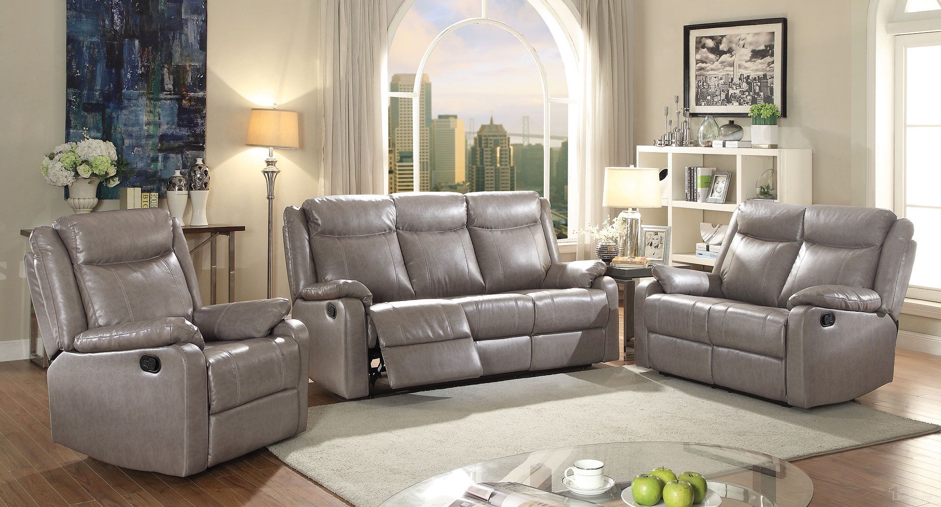 The appearance of G763 Reclining Living Room Set (Gray) designed by Glory in the modern / contemporary interior design. This gray piece of furniture was selected by 1StopBedrooms from G76 Collection to add a touch of cosiness and style into your home. Sku: G763A-RS-Double Reclining Sofa;G763A-RL-Double Reclining Love Seat. Material: Faux Leather.