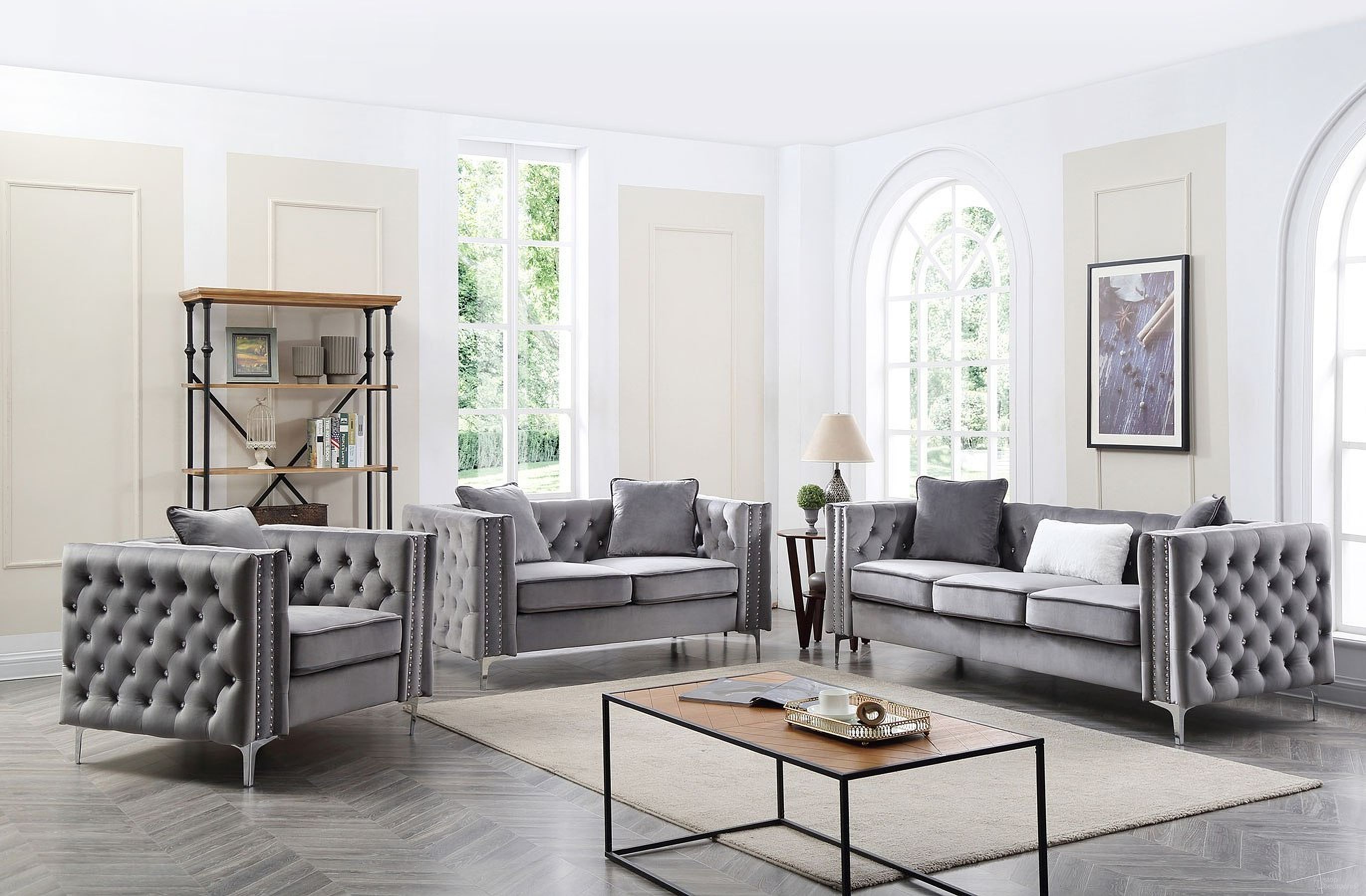 The appearance of Paige Living Room Set (Gray) designed by Glory in the transitional interior design. This gray piece of furniture was selected by 1StopBedrooms from Paige Collection to add a touch of cosiness and style into your home. Sku: G822A-S-SOFA SEAT, FRONT RAILS, CUSHION SEAT;G822A-S-SOFA ARMS, BACK, LEG AND HARDWARE;G822A-L-BACK, CUSHION, SEAT, LEG, HARDWARE AND FRONT RAILS;G822A-L-Loveseat Arms. Material: Fabric.