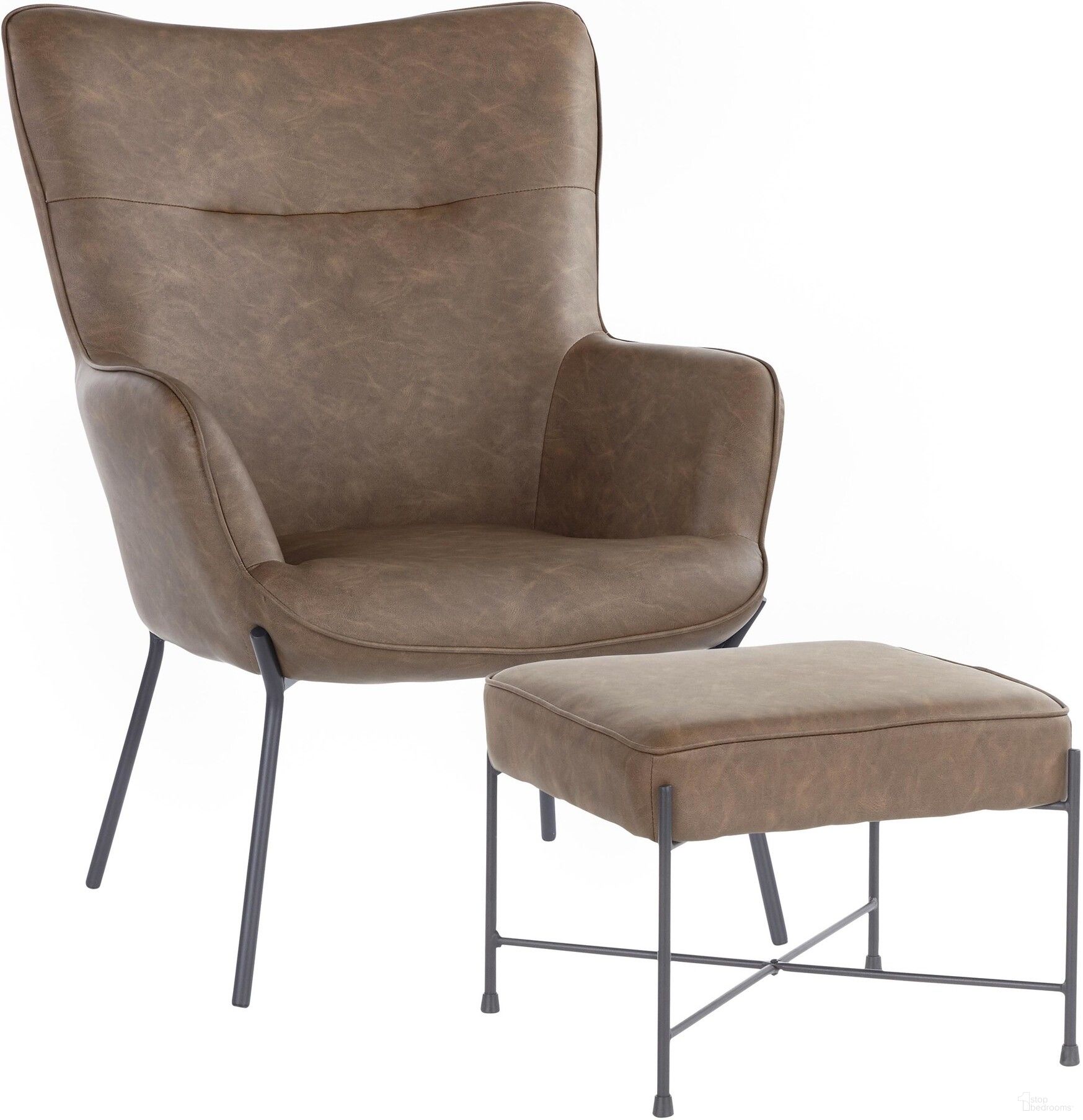 The appearance of Izzy Lounge Chair and Ottoman Set in Black Metal and Espresso Faux Leather designed by Lumisource in the industrial interior design. This espresso piece of furniture was selected by 1StopBedrooms from Izzy Collection to add a touch of cosiness and style into your home. Sku: C2-IZZY BKE. Material: Faux Leather.