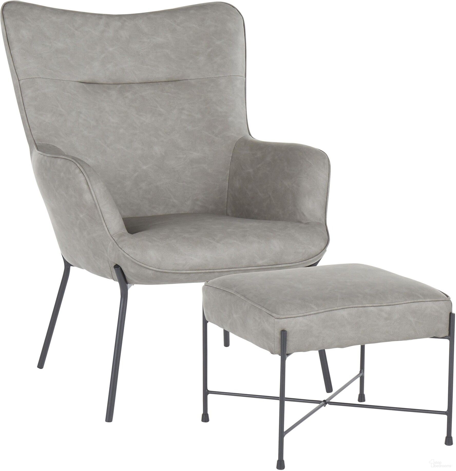 The appearance of Izzy Lounge Chair and Ottoman Set in Black Metal and Grey Faux Leather designed by Lumisource in the industrial interior design. This gray piece of furniture was selected by 1StopBedrooms from Izzy Collection to add a touch of cosiness and style into your home. Sku: C2-IZZY BKGY. Material: Faux Leather.
