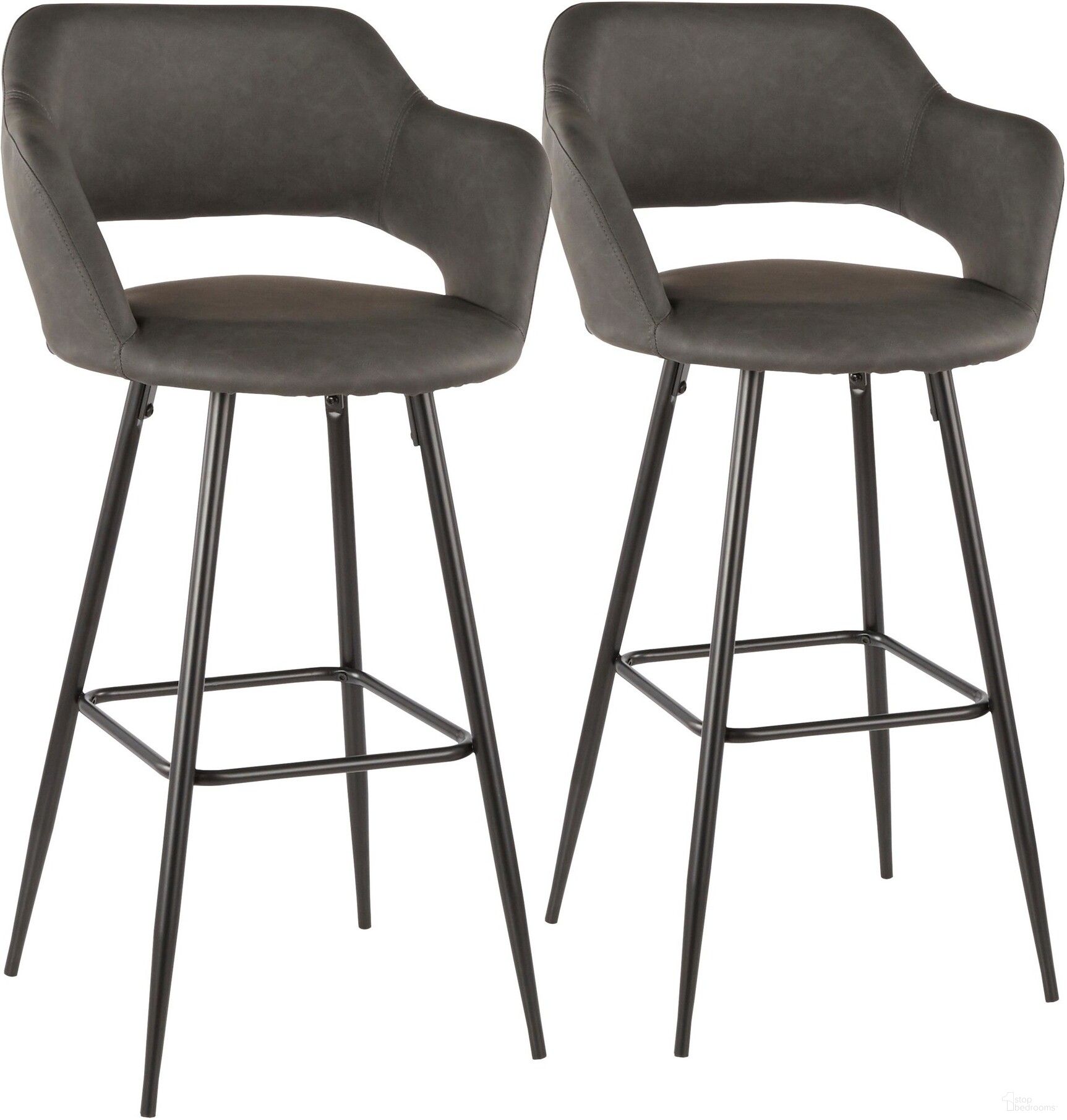 The appearance of Margarite Barstool in Black Metal and Grey Faux Leather - Set of 2 designed by Lumisource in the modern / contemporary interior design. This black piece of furniture  was selected by 1StopBedrooms from Margarite Collection to add a touch of cosiness and style into your home. Sku: B30-MARG BK+GY2. Material: Leather.