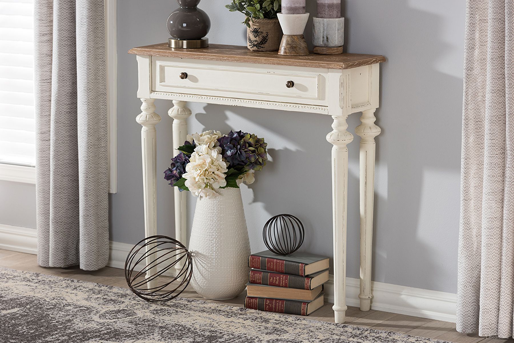 Baxton Studio Marquetterie French Provincial Style Weathered Oak And White Wash Distressed Finish Wood Two-Tone Console Table