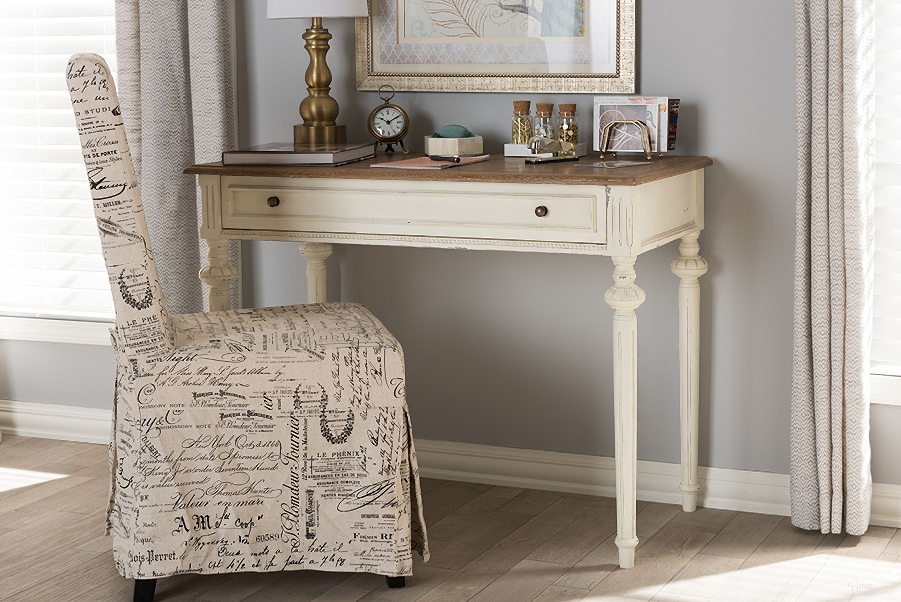 The appearance of Baxton Studio Marquetterie French Provincial Weathered Oak And Whitewash Writing Desk designed by Baxton Studio in the transitional interior design. This white piece of furniture was selected by 1StopBedrooms from Marquetterie Collection to add a touch of cosiness and style into your home. Sku: PRL5VM(AR)/M B. Material: Wood.