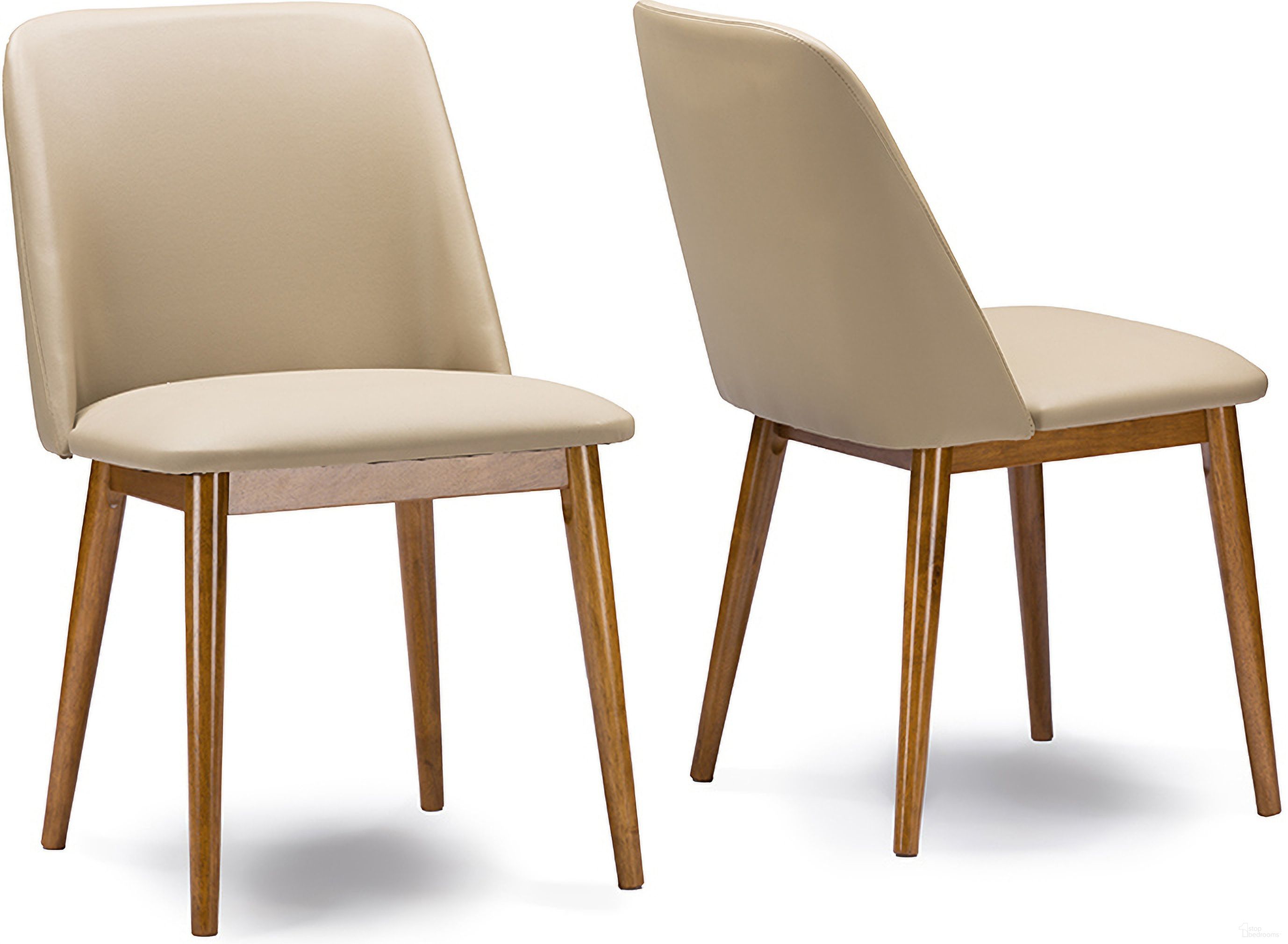 The appearance of Baxton Studio Lavin Mid-Century Walnut Light Brown/Beige Faux Leather Dining Chair (Set Of 2) designed by Baxton Studio in the transitional interior design. This walnut piece of furniture was selected by 1StopBedrooms from Lavin Collection to add a touch of cosiness and style into your home. Sku: RT324-CHR. Material: Rubberwood. Chair Type: Side Chair.