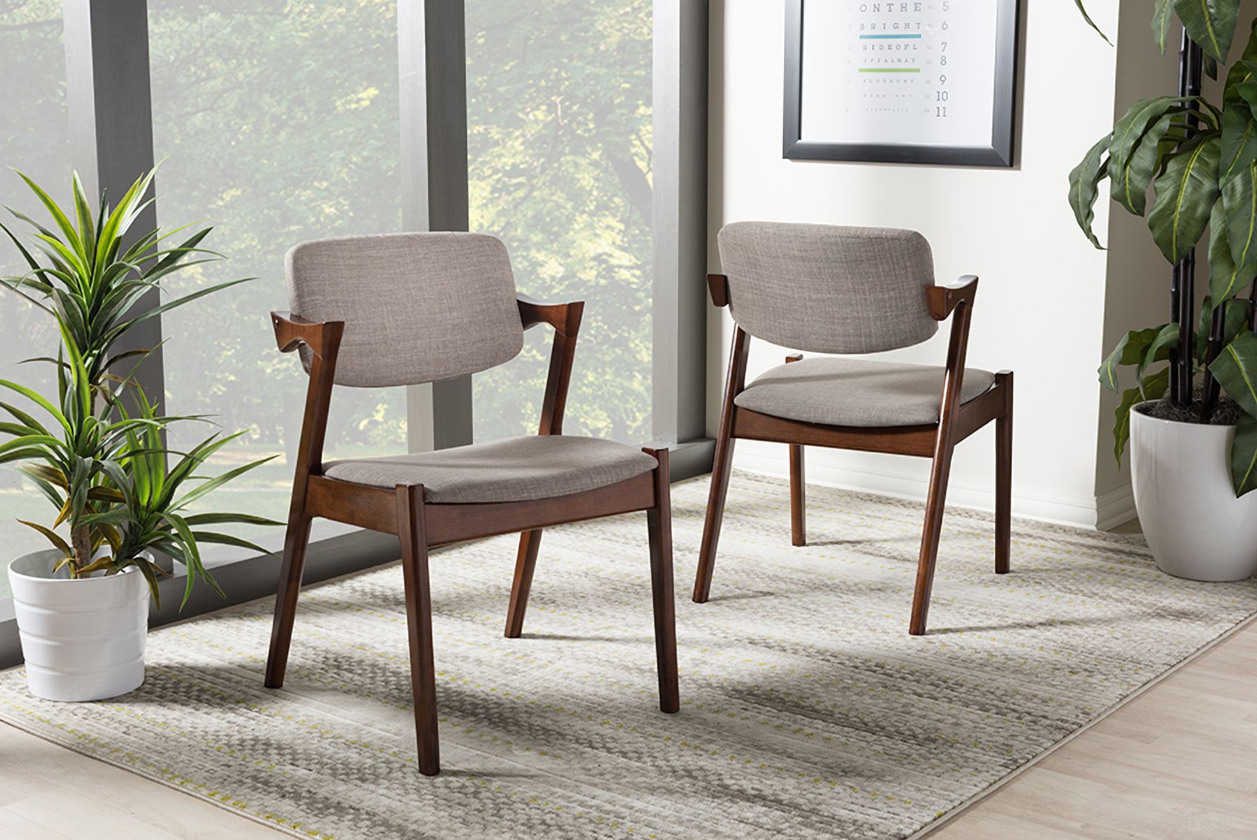 Elegant Mid-Century Dark Walnut Wood Grey Fabric Upholstered Dining Armchair Set of 2