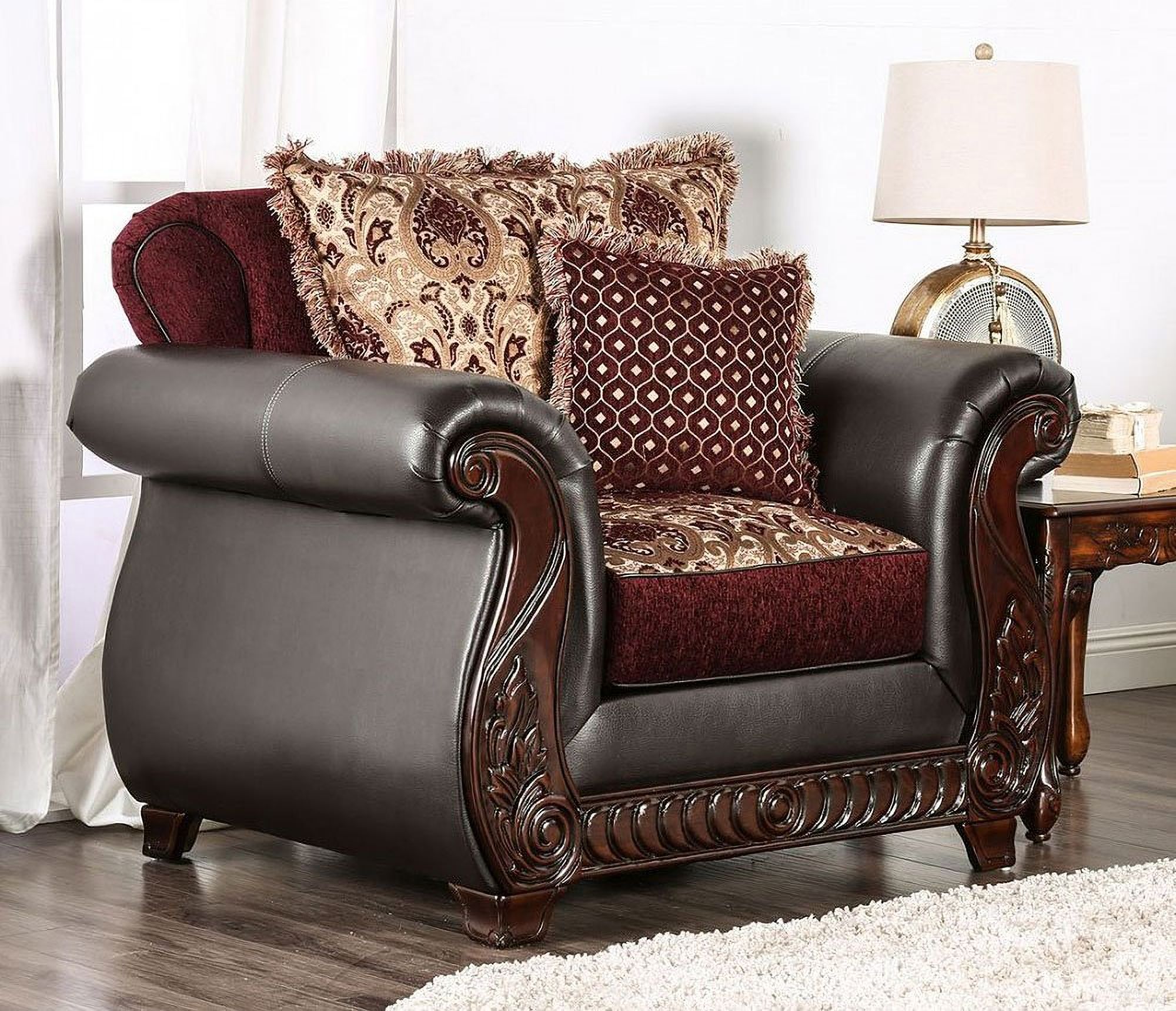 The appearance of Franklin Chair (Burgundy) designed by Furniture of America in the traditional interior design. This burgundy piece of furniture was selected by 1StopBedrooms from Franklin Collection to add a touch of cosiness and style into your home. Sku: SM6107N-CH. Material: Fabric.