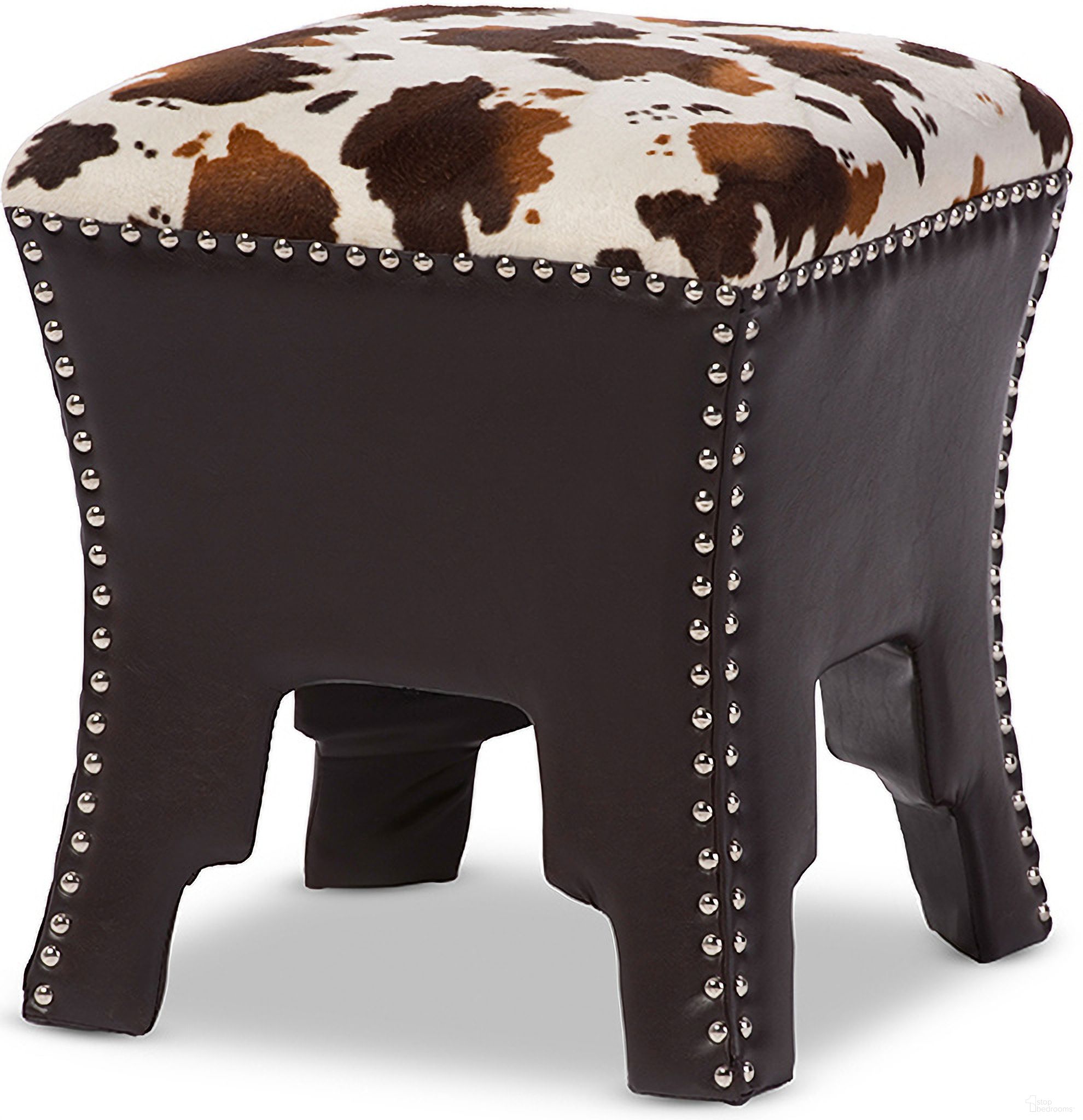 The appearance of Baxton Studio Sally Modern And Contemporary Cow-Print Patterned Fabric Brown Faux Leather Upholstered Accent Stool With Nail Heads designed by Baxton Studio in the modern / contemporary interior design. This brown piece of furniture was selected by 1StopBedrooms from Sally Collection to add a touch of cosiness and style into your home. Sku: WS-B1212-Brown. Material: Wood.