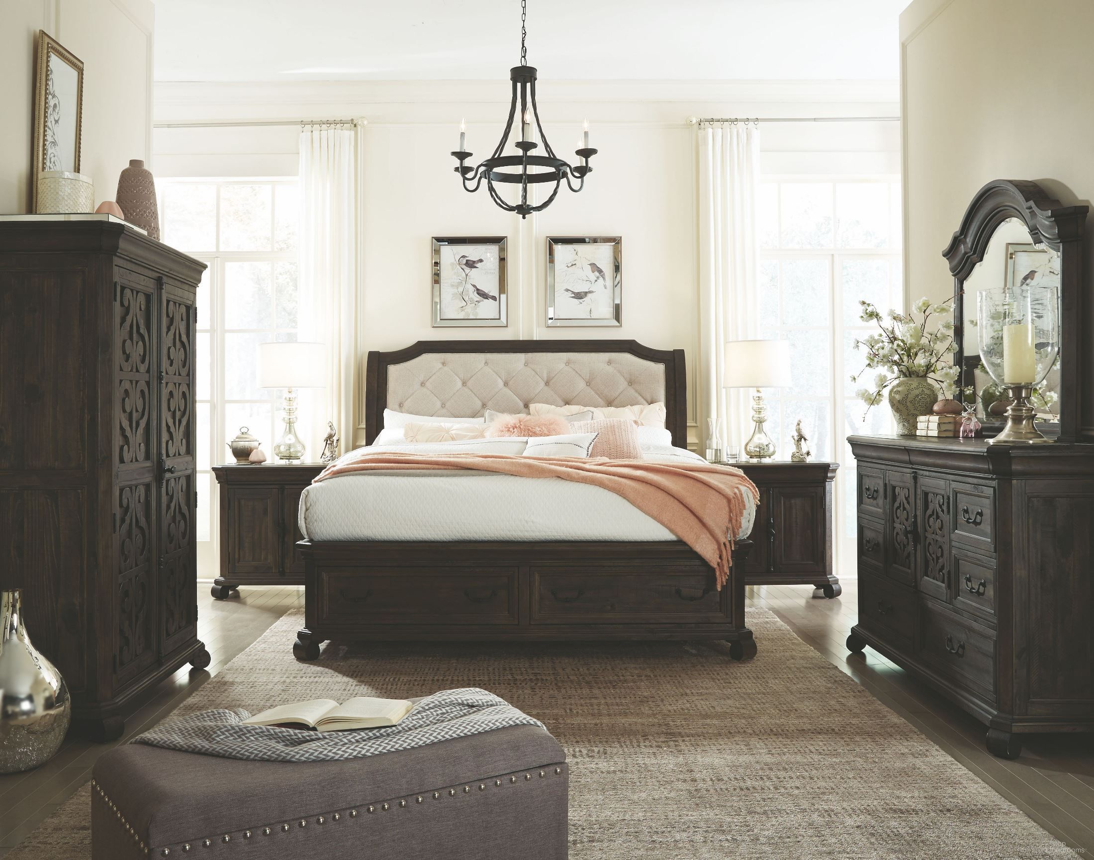 The appearance of Bellamy Peppercorn Sleigh Storage Bedroom Set designed by Magnussen in the modern / contemporary interior design. This brown piece of furniture  was selected by 1StopBedrooms from Bellamy Collection to add a touch of cosiness and style into your home. Sku: B2491-53H;B2491-53F;B2491-53R;B2491-07. Bed Type: Storage Bed. Bed Size: Queen. Material: Pine.