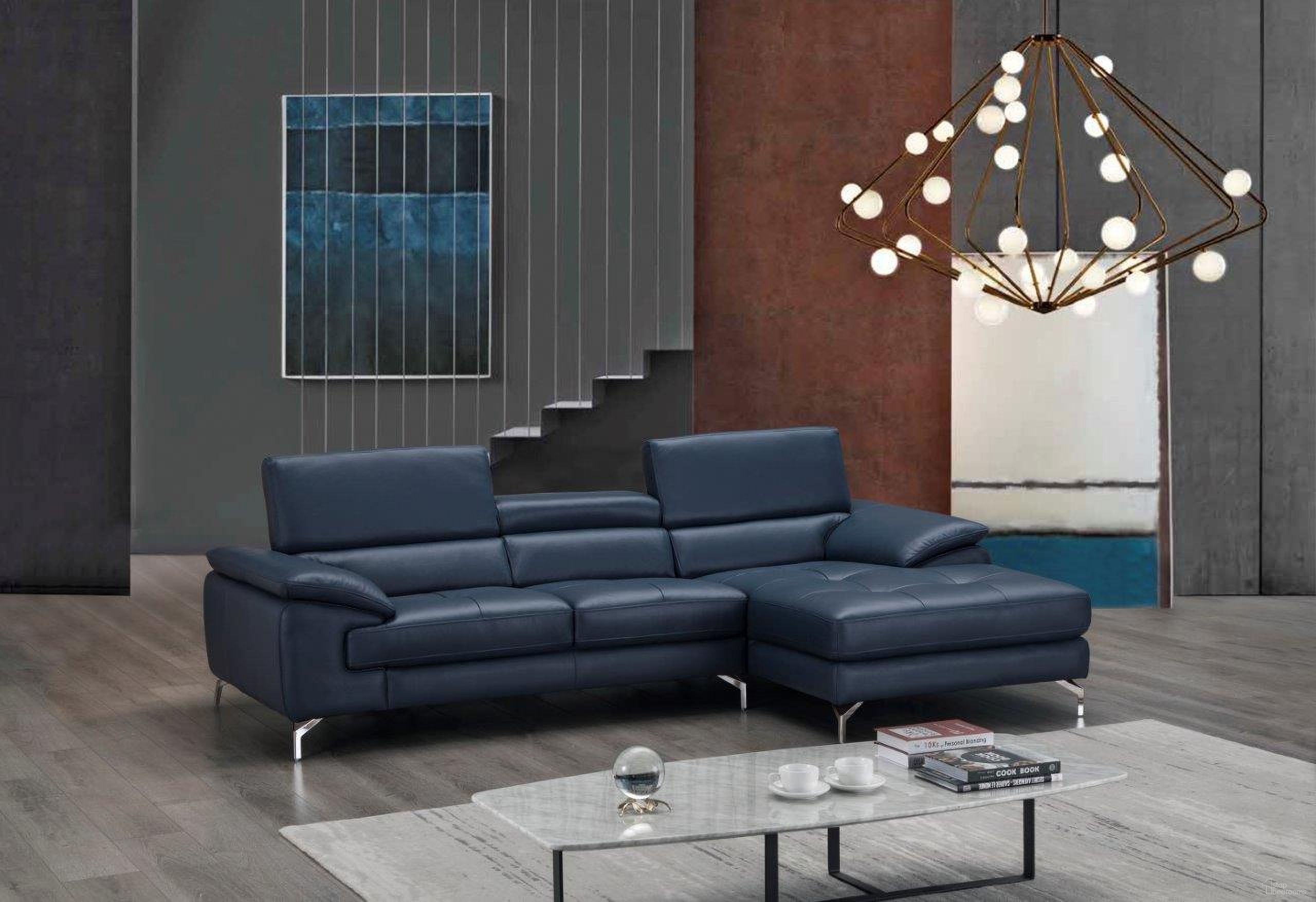 The appearance of A973B Italian Leather Mini Sectional Right Facing Chaise in Blue designed by J&M in the modern / contemporary interior design. This blue piece of furniture was selected by 1StopBedrooms from A973B Collection to add a touch of cosiness and style into your home. Sku: 179065-RHFC. Material: Leather. Layout: Sofa & Chaise. Orientation: RAF.