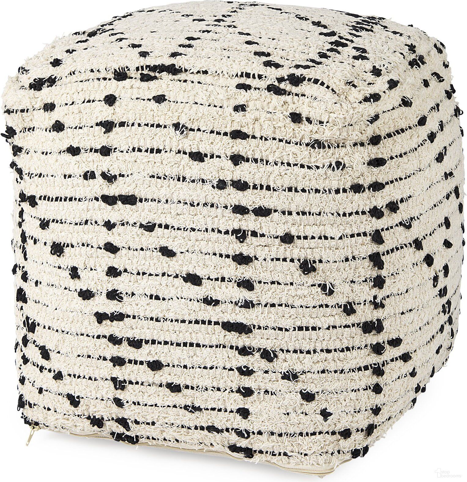 The appearance of Aarohi Cotton Patterned Pouf In Cream and Black designed by Mercana in the modern / contemporary interior design. This cream and black piece of furniture  was selected by 1StopBedrooms from Aarohi Collection to add a touch of cosiness and style into your home. Sku: 69505. Material: Cotton.