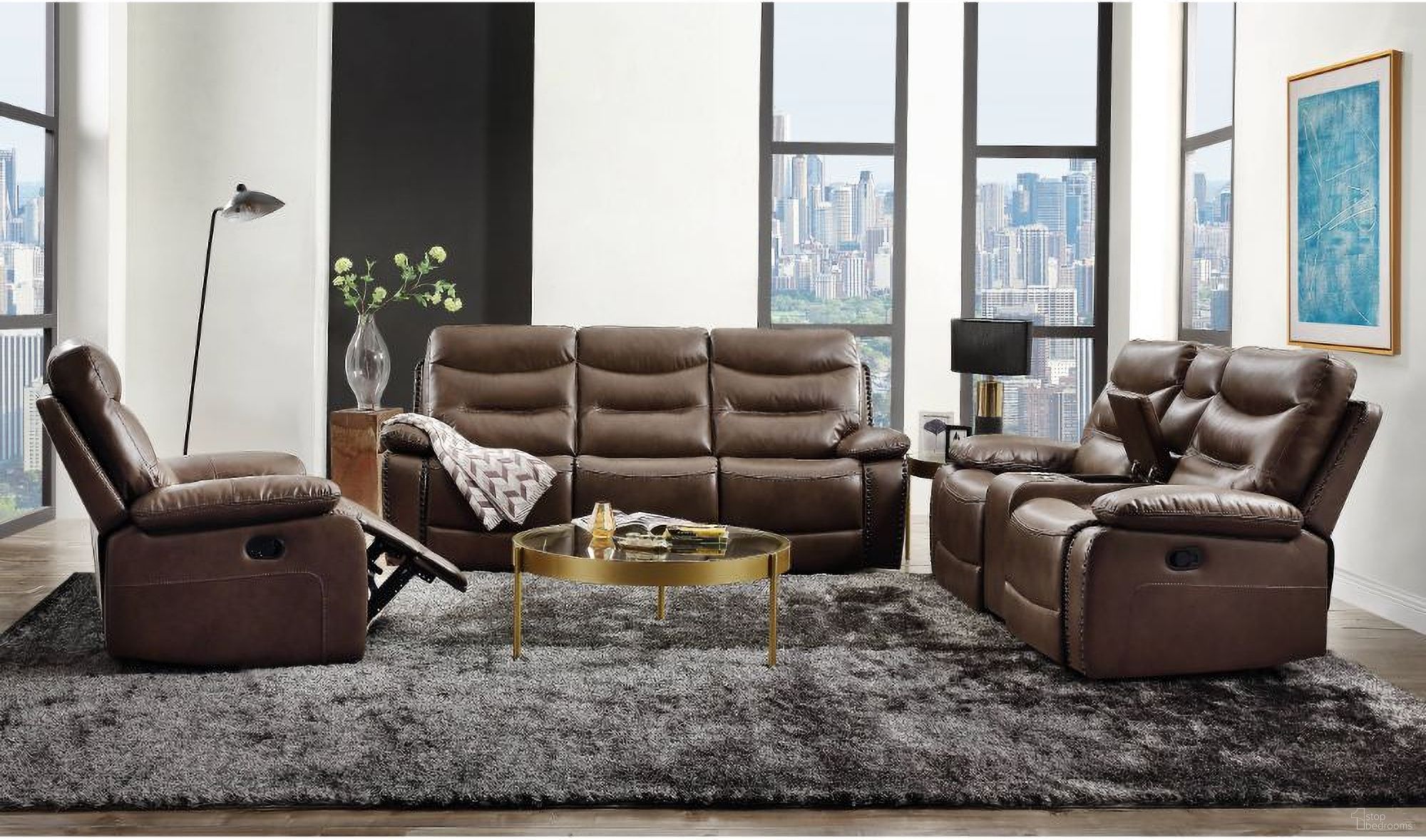 The appearance of Aashi Motion Living Room Set In Brown Leather designed by ACME in the modern / contemporary interior design. This brown piece of furniture was selected by 1StopBedrooms from Aashi Collection to add a touch of cosiness and style into your home. Sku: 55420;55421;55422. Material: Wood.