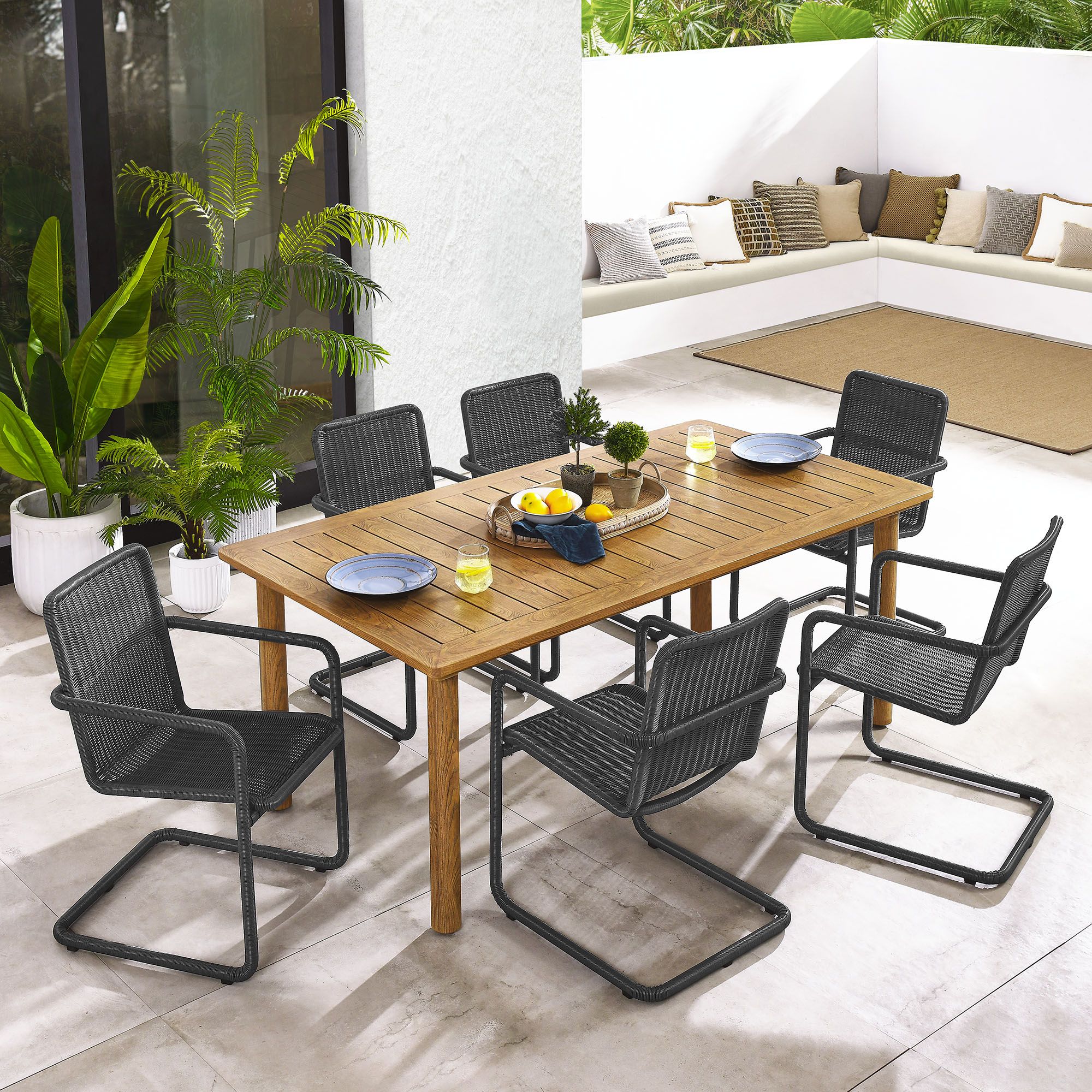 The appearance of Abacus 7-Piece Rectangular Outdoor Patio Aluminum Dining Table Set with Rattan Armchairs In Slate and Natural designed by Modway in the modern / contemporary interior design. This slate/natural piece of furniture was selected by 1StopBedrooms from Abacus Collection to add a touch of cosiness and style into your home. Sku: EEI-6985-NAT;EEI-7014-SLA;EEI-7014-SLA;EEI-7014-SLA. Material: Aluminum.