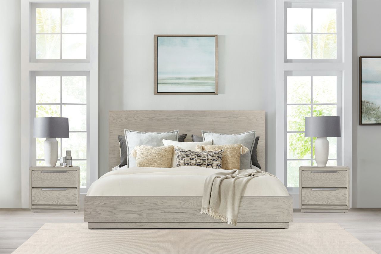 The appearance of Abbey King 3-Piece Bedroom Set In Gray Oak Wood designed by Armen Living in the modern / contemporary interior design. This silver gray piece of furniture was selected by 1StopBedrooms from Abbey Collection to add a touch of cosiness and style into your home. Sku: LCAJBDGRKGBX1;LCAJBDGRKGBX2;LCAJBDGRKGBX3;LCAJLAGR;LCAJLAGR. Material: Wood. Bed Size: King.