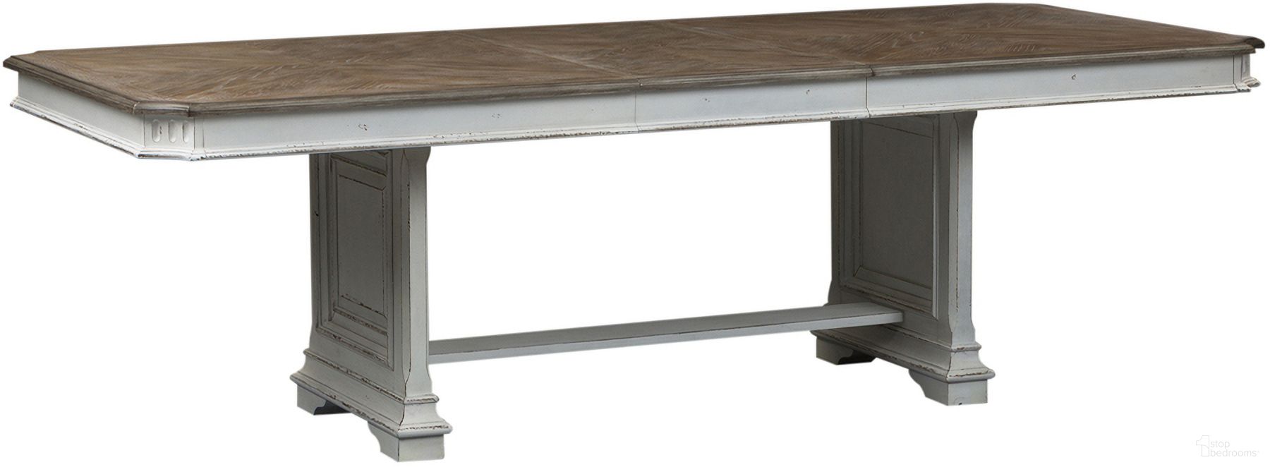 The appearance of Abbey Park Trestle Table In Antique White and Brown designed by Liberty in the traditional interior design. This antique white/brown piece of furniture was selected by 1StopBedrooms from Abbey Park Collection to add a touch of cosiness and style into your home. Sku: 520-P4298;520-T4298. Table Base Style: Trestle. Table Top Shape: Rectangular. Size: 98" x 42". Material: Solid Rubberwood.