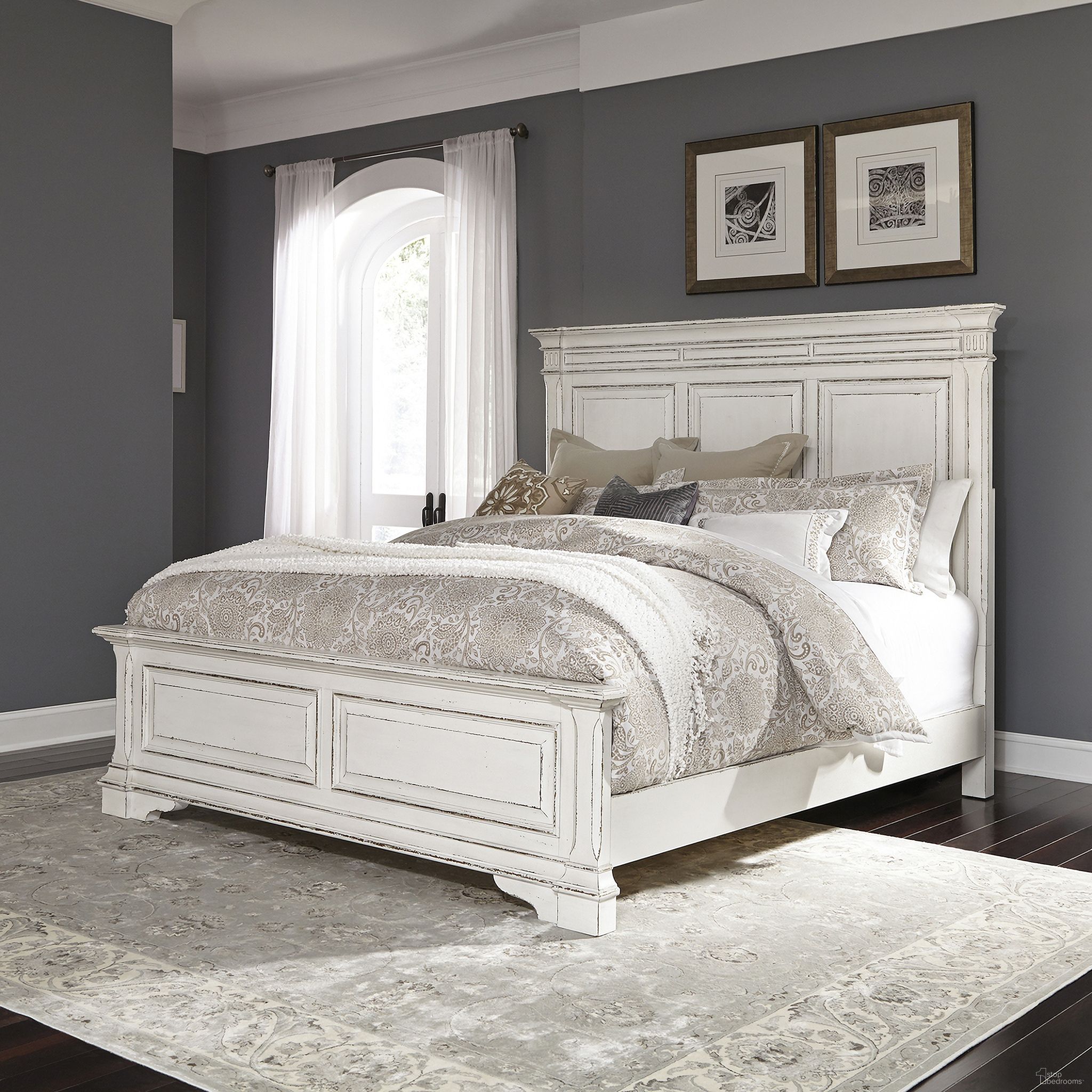 The appearance of Abbey Park Antique White King Panel Bed designed by Liberty in the traditional interior design. This white piece of furniture  was selected by 1StopBedrooms from Abbey Park Collection to add a touch of cosiness and style into your home. Sku: 520-BR15;520-BR16;520-BR90. Bed Type: Panel Bed. Bed Size: King. Material: Rubberwood.