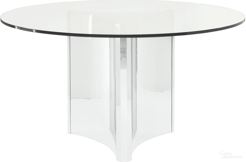 The appearance of Abbott Dining Table designed by Bernhardt in the modern / contemporary interior design. This stainless steel piece of furniture  was selected by 1StopBedrooms from Abbott Collection to add a touch of cosiness and style into your home. Sku: 353770;998054P. Table Base Style: Pedestal. Table Top Shape: Round. Material: Glass. Size: 54".