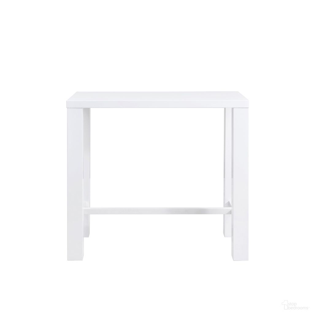 The appearance of Abby 47 Inch Bar Table In High Gloss White designed by Euro Style in the modern / contemporary interior design. This white high gloss piece of furniture was selected by 1StopBedrooms from Abby Collection to add a touch of cosiness and style into your home. Sku: 19706WHT-A;19706WHT-B. Table Base Style: Trestle. Material: MDF. Table Top Shape: Rectangular. Size: 24" x 47".
