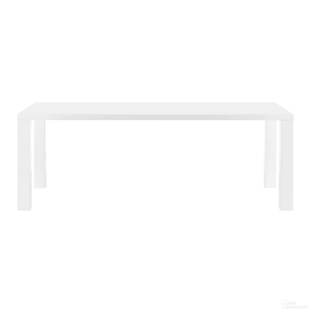 The appearance of Abby 84 Inch Rectangle Table In High Gloss White designed by Euro Style in the modern / contemporary interior design. This white high gloss piece of furniture  was selected by 1StopBedrooms from Abby Collection to add a touch of cosiness and style into your home. Sku: 19708-WHT-A;19708-WHT-B. Table Base Style: Legs. Material: MDF. Table Top Shape: Rectangular. Size: 36" x 85".