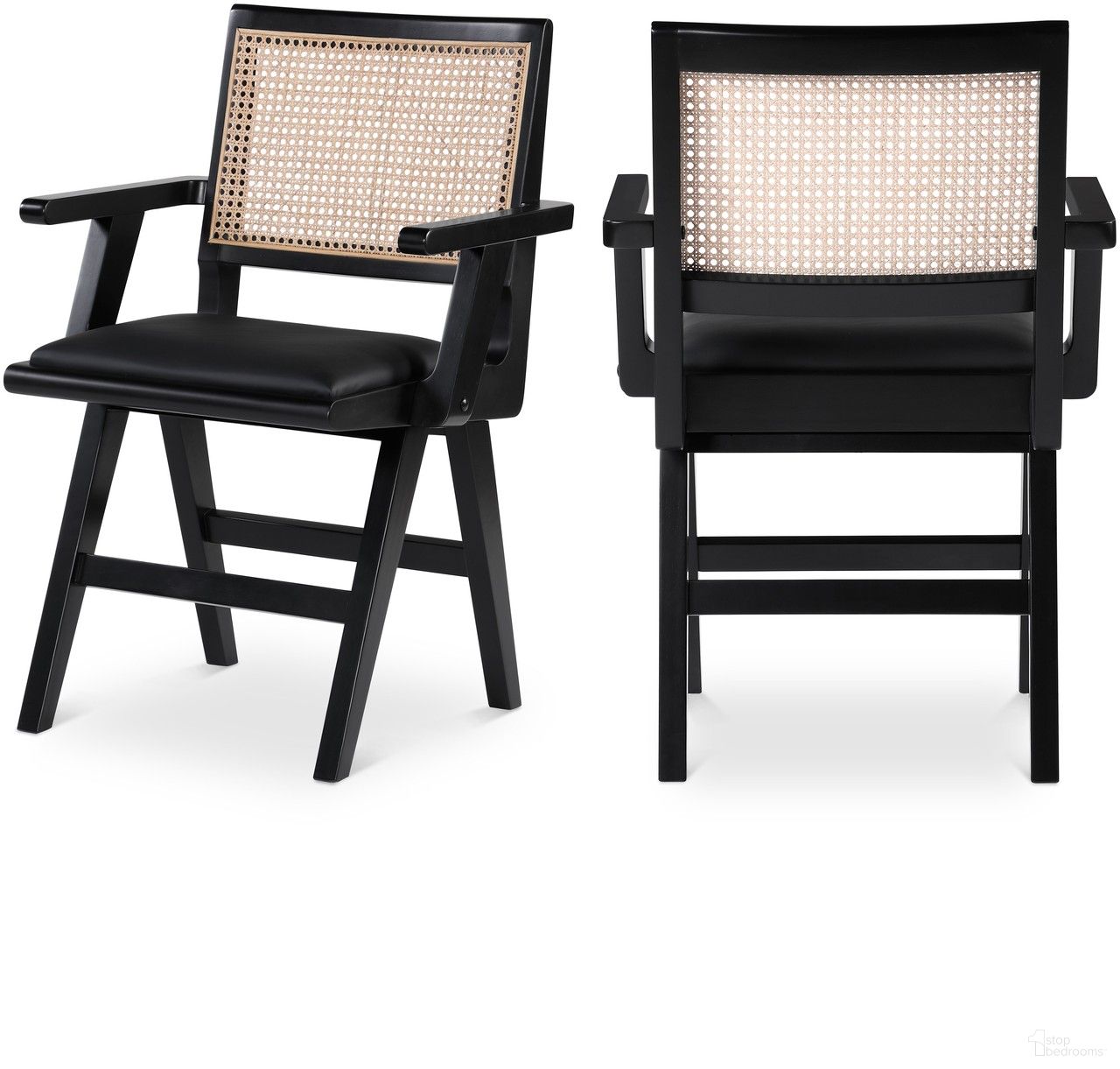 The appearance of Abby Vegan Leather Dining Arm Chair Set of 2 In Black designed by Meridian in the transitional interior design. This black piece of furniture was selected by 1StopBedrooms from Abby Collection to add a touch of cosiness and style into your home. Sku: 897Black-AC. Material: Wood. Chair Type: Arm Chair.