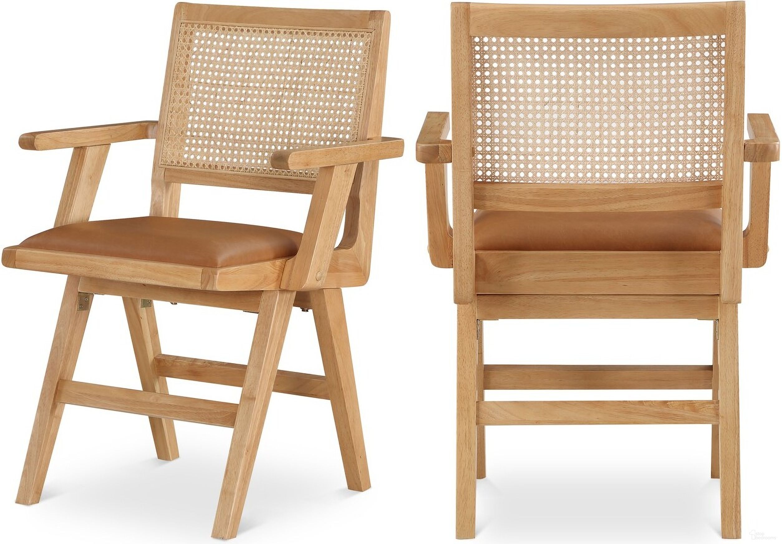 The appearance of Abby Vegan Leather Dining Arm Chair Set of 2 In Cognac designed by Meridian in the transitional interior design. This cognac piece of furniture was selected by 1StopBedrooms from Abby Collection to add a touch of cosiness and style into your home. Sku: 896Cognac-AC. Material: Rubberwood. Chair Type: Arm Chair.