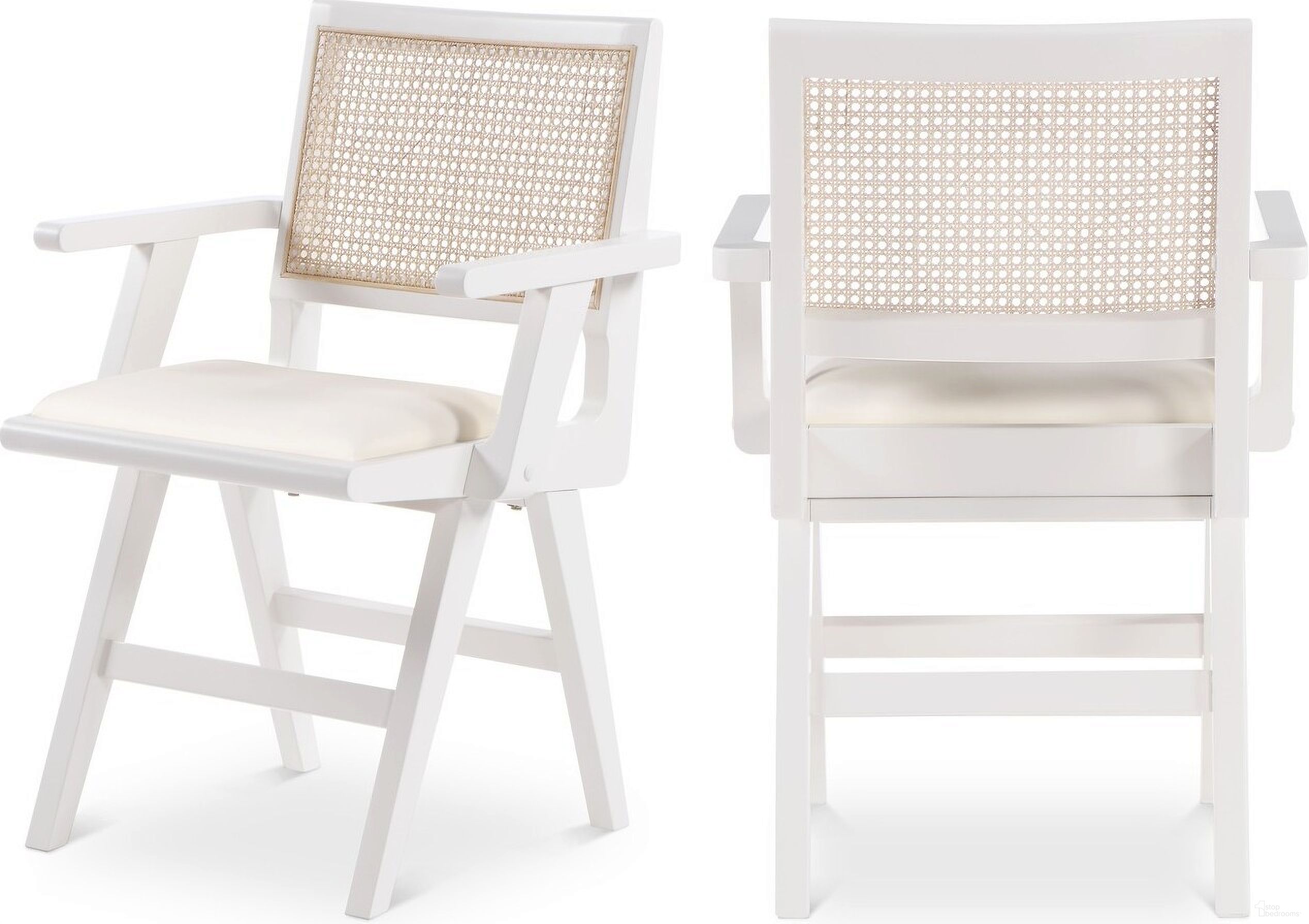 The appearance of Abby Vegan Leather Dining Arm Chair Set of 2 In White designed by Meridian in the transitional interior design. This white piece of furniture was selected by 1StopBedrooms from Abby Collection to add a touch of cosiness and style into your home. Sku: 897White-AC. Material: Wood. Chair Type: Arm Chair.