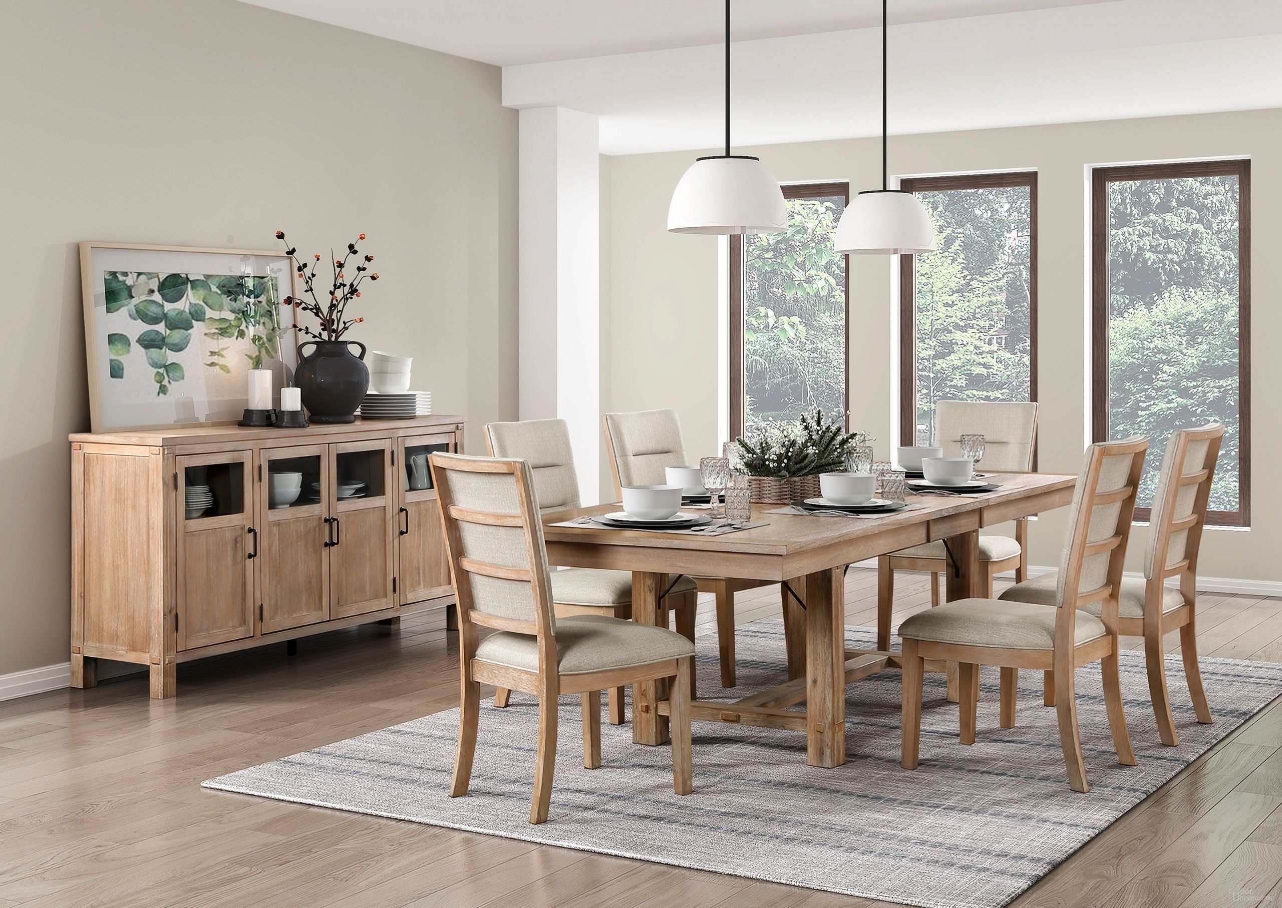 The appearance of Aberdeen Dining Room Set In Oak and Beige designed by Homelegance in the modern / contemporary interior design. This oak piece of furniture was selected by 1StopBedrooms from Aberdeen Collection to add a touch of cosiness and style into your home. Sku: 5848-102;5848S. Table Base Style: Trestle. Table Top Shape: Rectangular. Material: Textured. Size: 103".