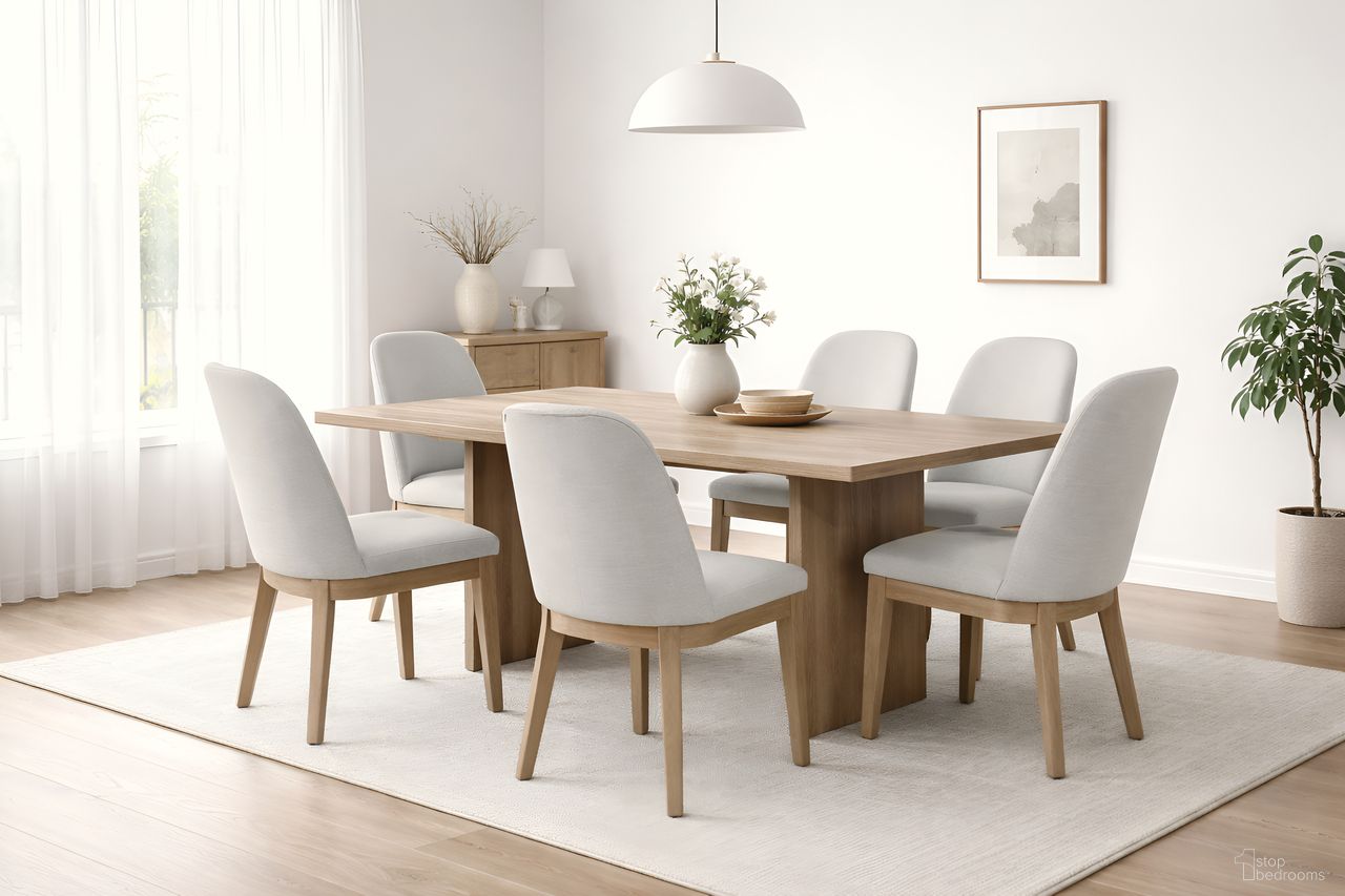 The appearance of Abigail Dining Room Set In Natural designed by Alpine in the modern / contemporary interior design. This natural piece of furniture  was selected by 1StopBedrooms from Abigail Collection to add a touch of cosiness and style into your home. Sku: 7135-01;7135-02. Table Top Shape: Rectangular. Size: 71" x 36". Material: Oak Veneer.