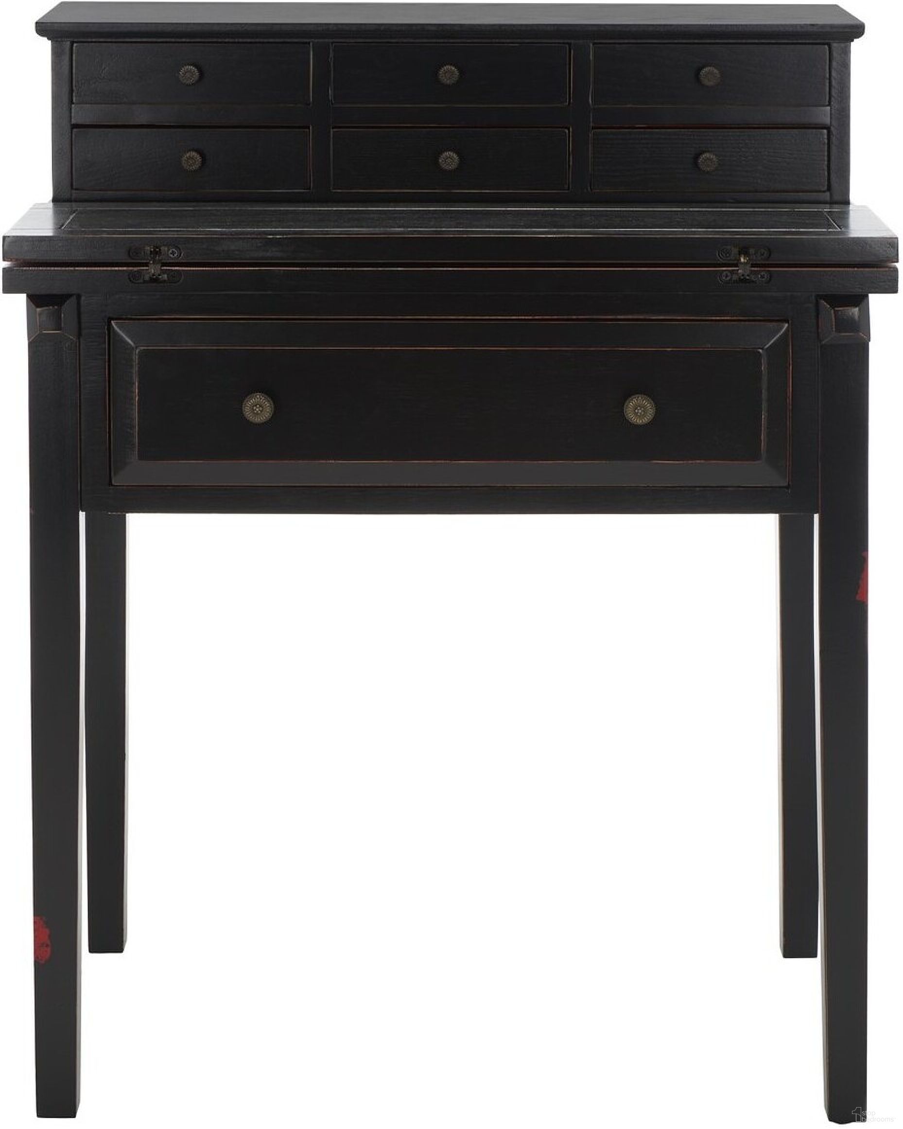 The appearance of Abigail Distressed Black 7-Drawer Fold Down Desk designed by Safavieh in the country / farmhouse interior design. This black piece of furniture was selected by 1StopBedrooms from Abigail Collection to add a touch of cosiness and style into your home. Sku: AMH6520B. Material: Wood.