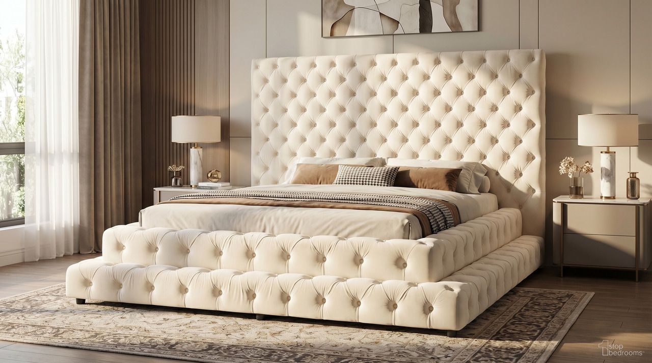 The appearance of Abigail Queen Tufted Upholstered Platform Bed In Cream designed by Premier Home in the modern / contemporary interior design. This cream piece of furniture was selected by 1StopBedrooms from Abigail Collection to add a touch of cosiness and style into your home. Sku: FB026Q-CR-BOX 1;FB026Q-CR-BOX 2;FB026Q-CR-BOX 3. Bed Type: Platform Bed. Bed Size: Queen. Material: Velvet.