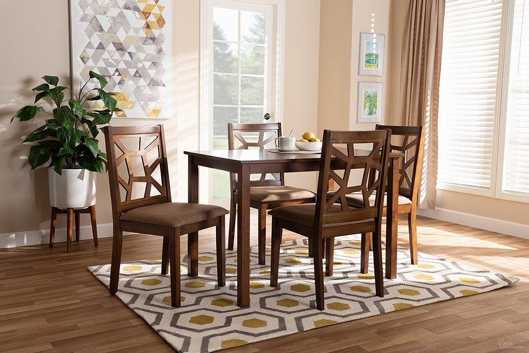 Abilene Mid-Century Light Brown Fabric Upholstered And Walnut Brown Finished 5-Piece Wood Dining Set