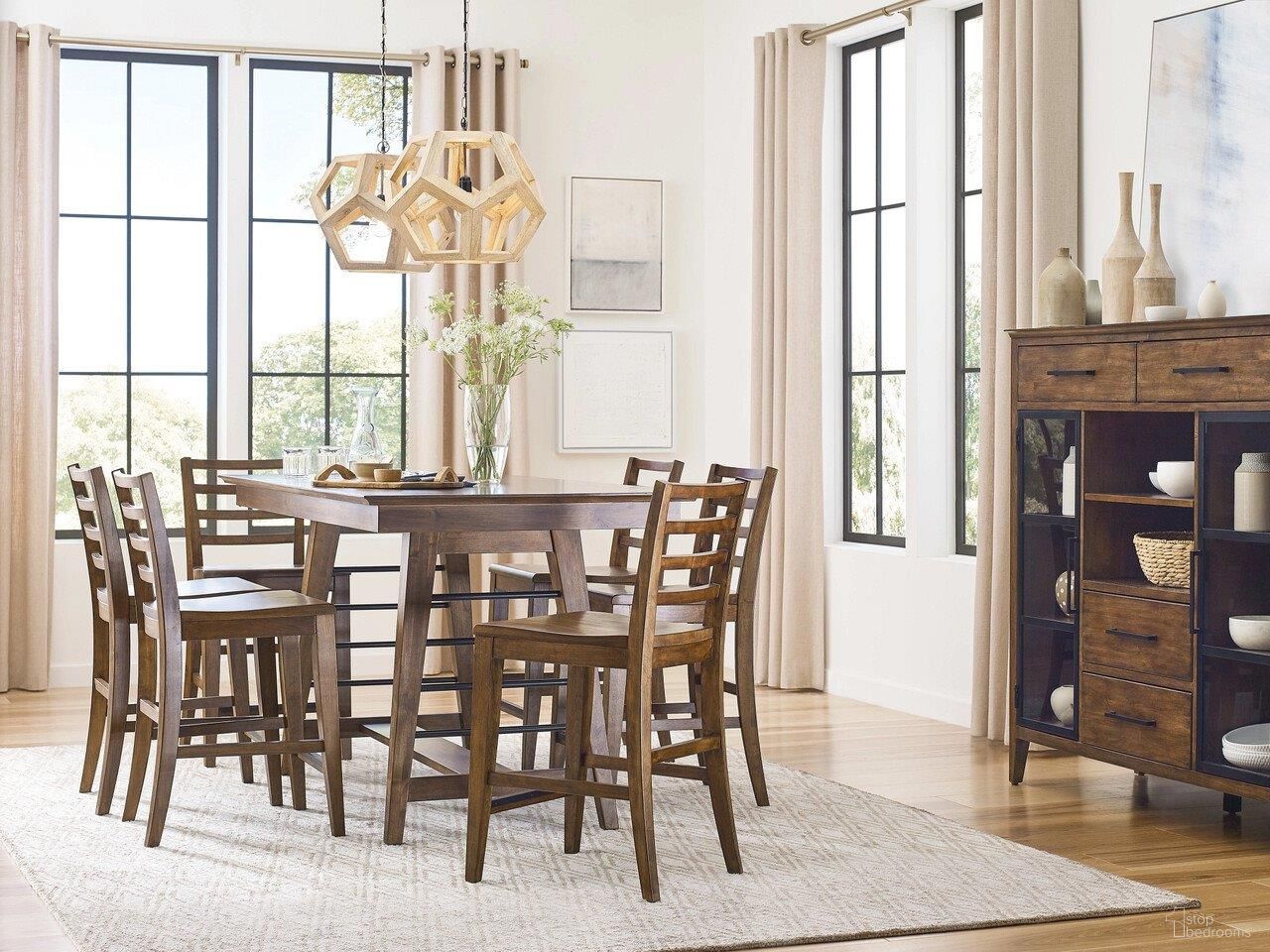 The appearance of Abode Counter Height Dining Room Set In Warm Brunette designed by Kincaid in the modern / contemporary interior design. This warm brunette piece of furniture was selected by 1StopBedrooms from Abode Collection to add a touch of cosiness and style into your home. Sku: 269-706;269-690. Table Base Style: Trestle. Table Top Shape: Rectangular. Size: 36" x 72". Material: Solid Wood.