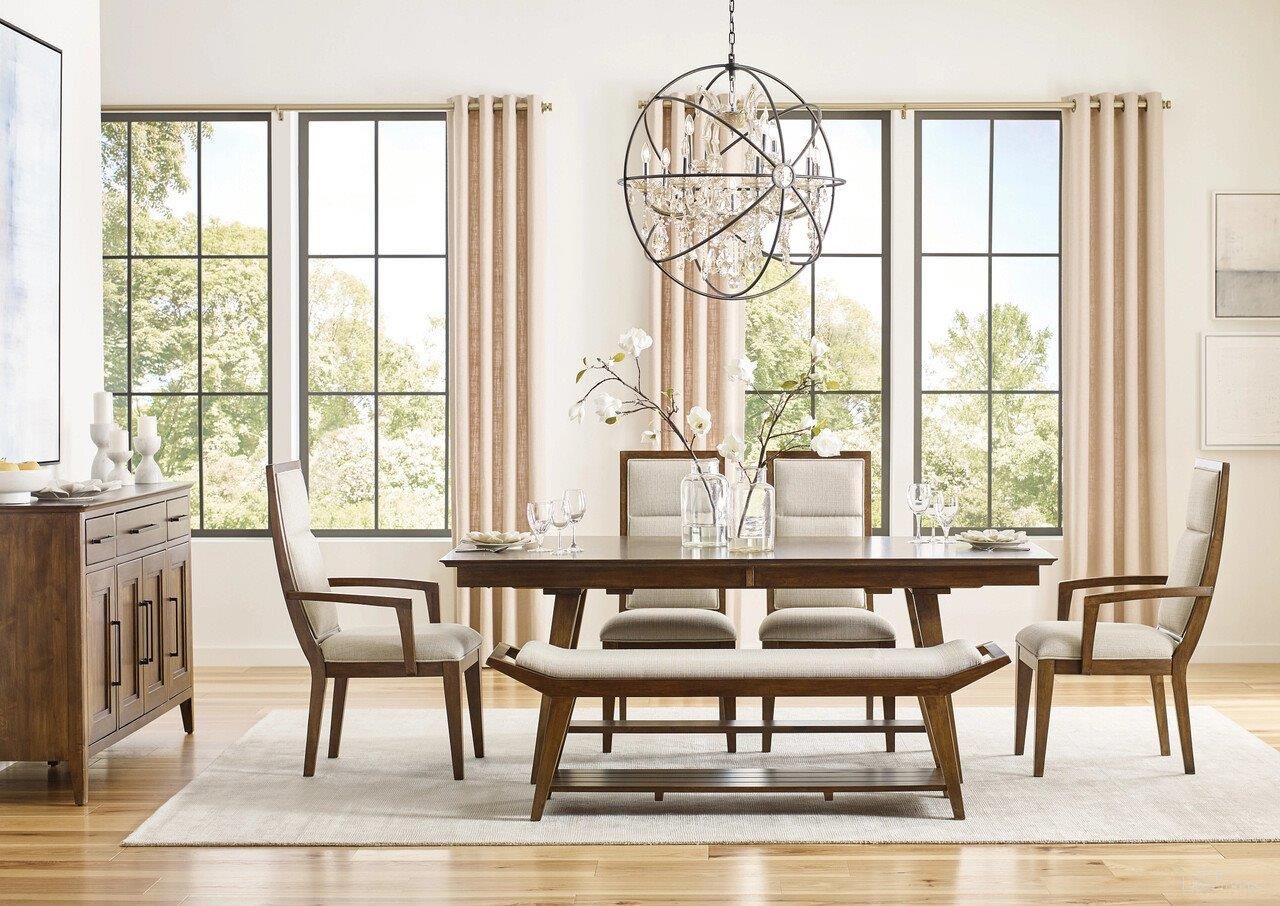 The appearance of Abode Dining Room Set In Warm Brunette designed by Kincaid in the modern / contemporary interior design. This warm brunette piece of furniture was selected by 1StopBedrooms from Abode Collection to add a touch of cosiness and style into your home. Sku: 269-744;269-636;269-636;269-636;269-636. Table Base Style: Trestle. Table Top Shape: Rectangular. Size: 42" x 80". Material: Solid Wood.